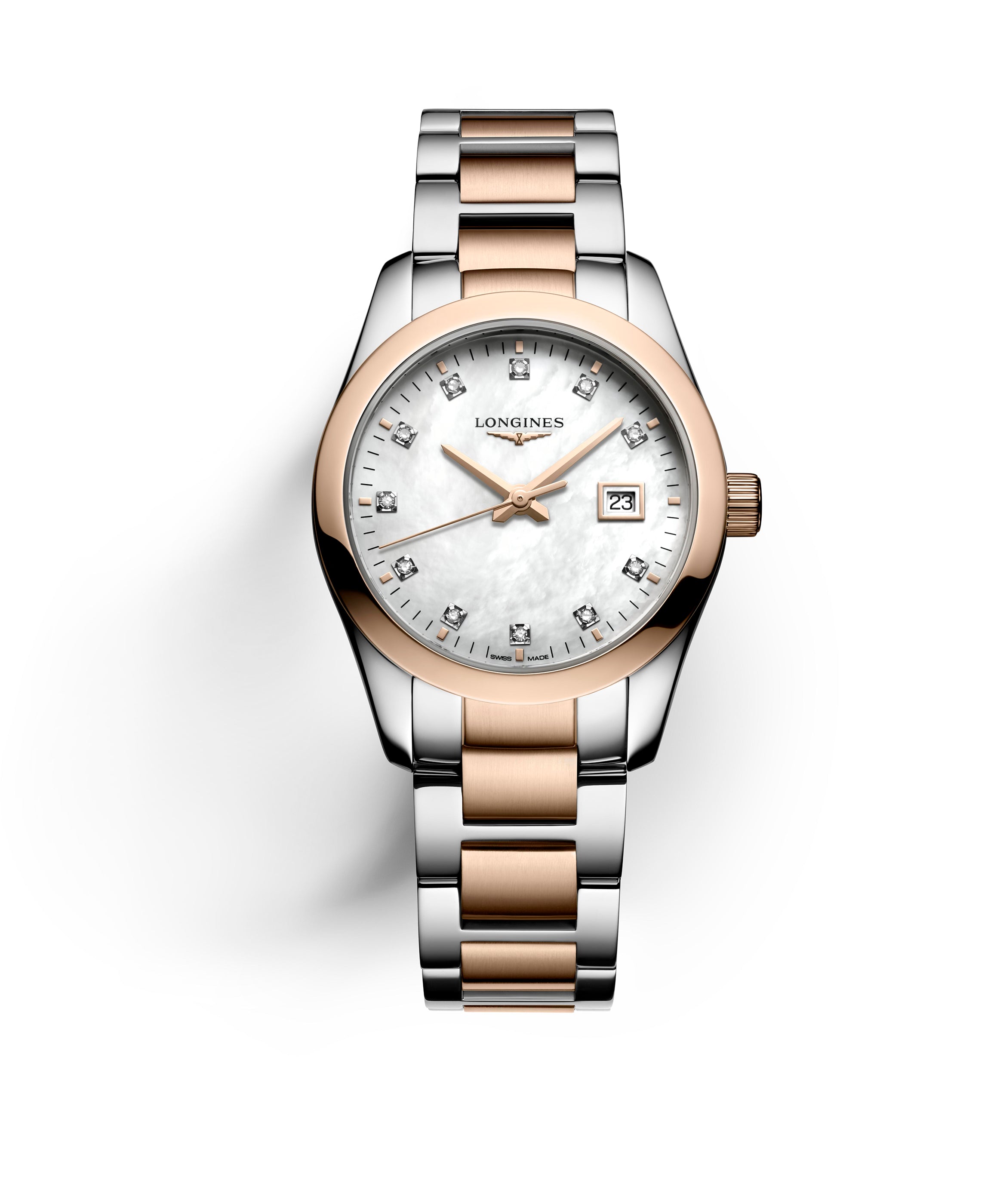 Ladies Longines Conquest 29.5mm Steel & RG PVD Bracelet White MOP Diamond Dial