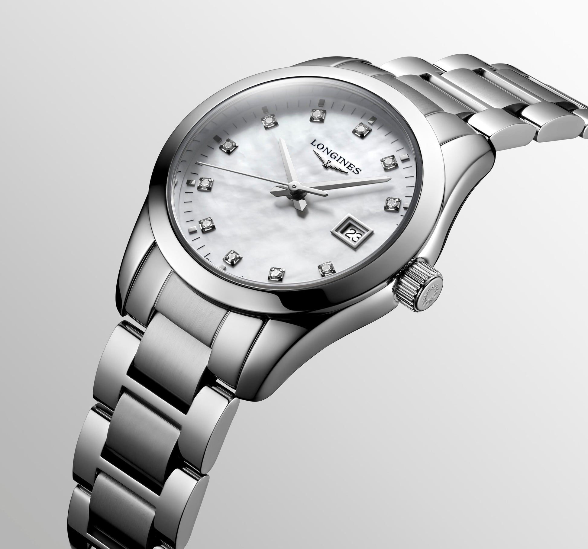 Ladies Longines Conquest Classic 29.5mm Steel Bracelet White Mother of Pearl Diamond Dial Date 50m