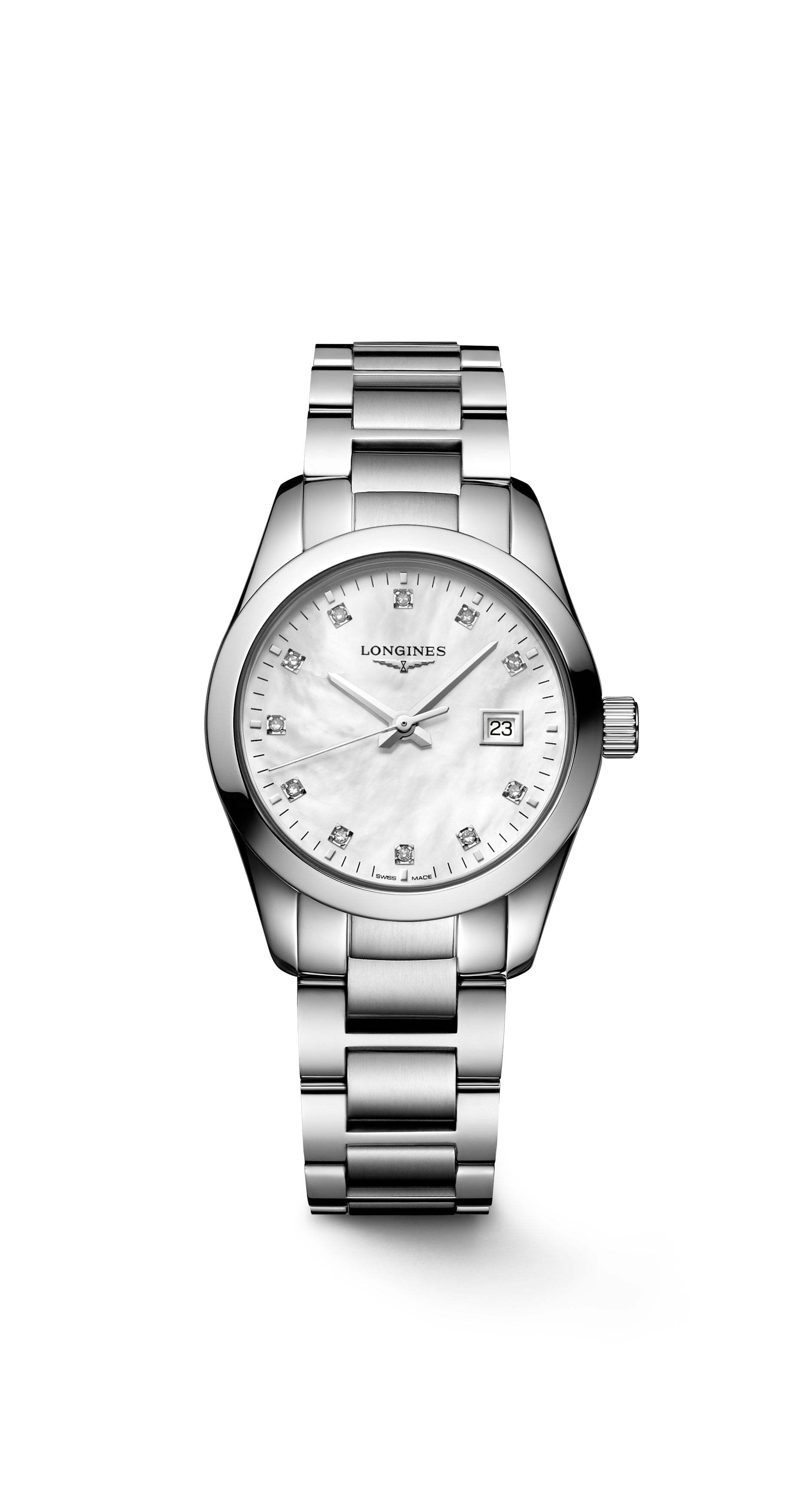 Ladies Longines Conquest Classic 29.5mm Steel Bracelet White Mother of Pearl Diamond Dial Date 50m