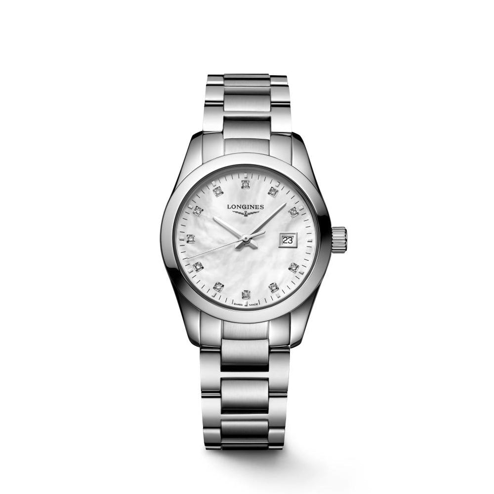 Ladies Longines Conquest Classic 29.5mm Steel Bracelet White Mother of Pearl Diamond Dial Date 50m