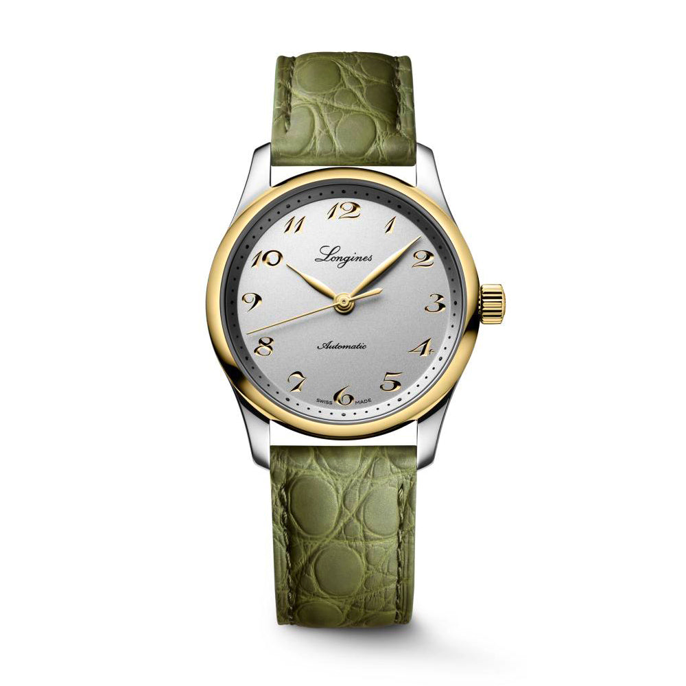 Ladies Longines Master Collection Auto 34mm Steel & 18ct YG PVD Silver Dial Green Strap