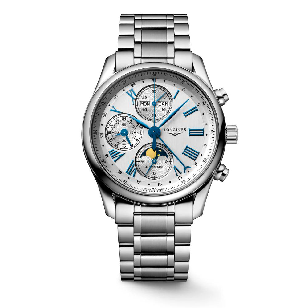 Gents Longines Master Collection Moonphase Automatic Chronograph 40mm Steel Bracelet Silver Roman Numeral dial