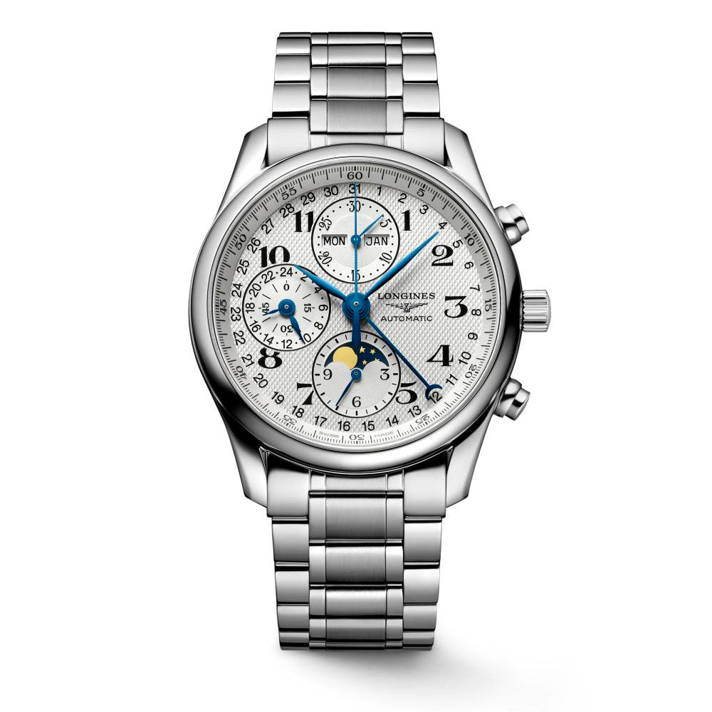 Gents Longines Master Collection Automatic Chronograph Moonphase 40mm Steel Bracelet and Case Silver Barlycorn Dial with Arabic Numeral