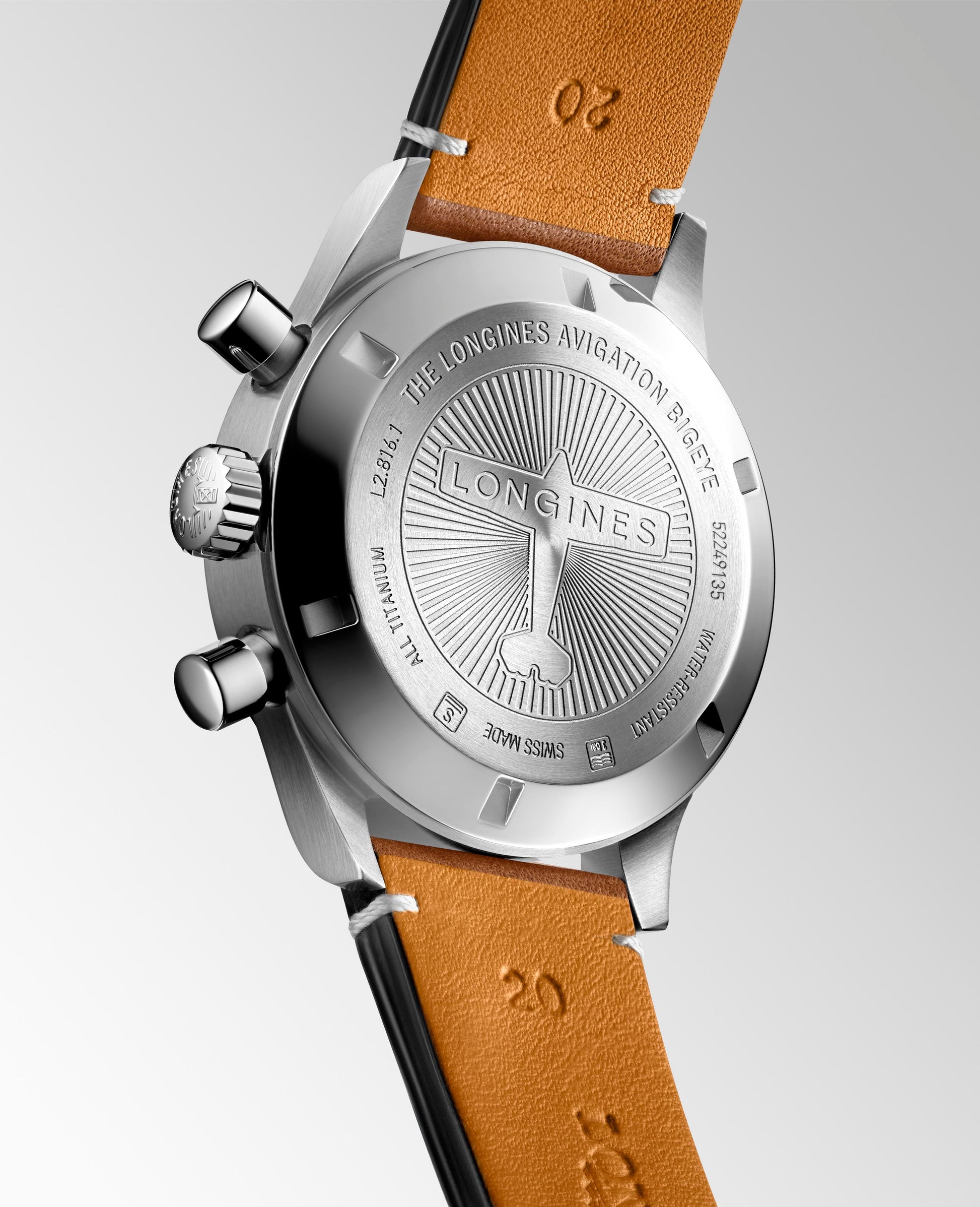 Gents Longines 41mm Automatic Chronograph Avigation Big Eye Titanium Case Petroleum Arabic Numeral Dial Brown Leather Strap 5 Year Warranty