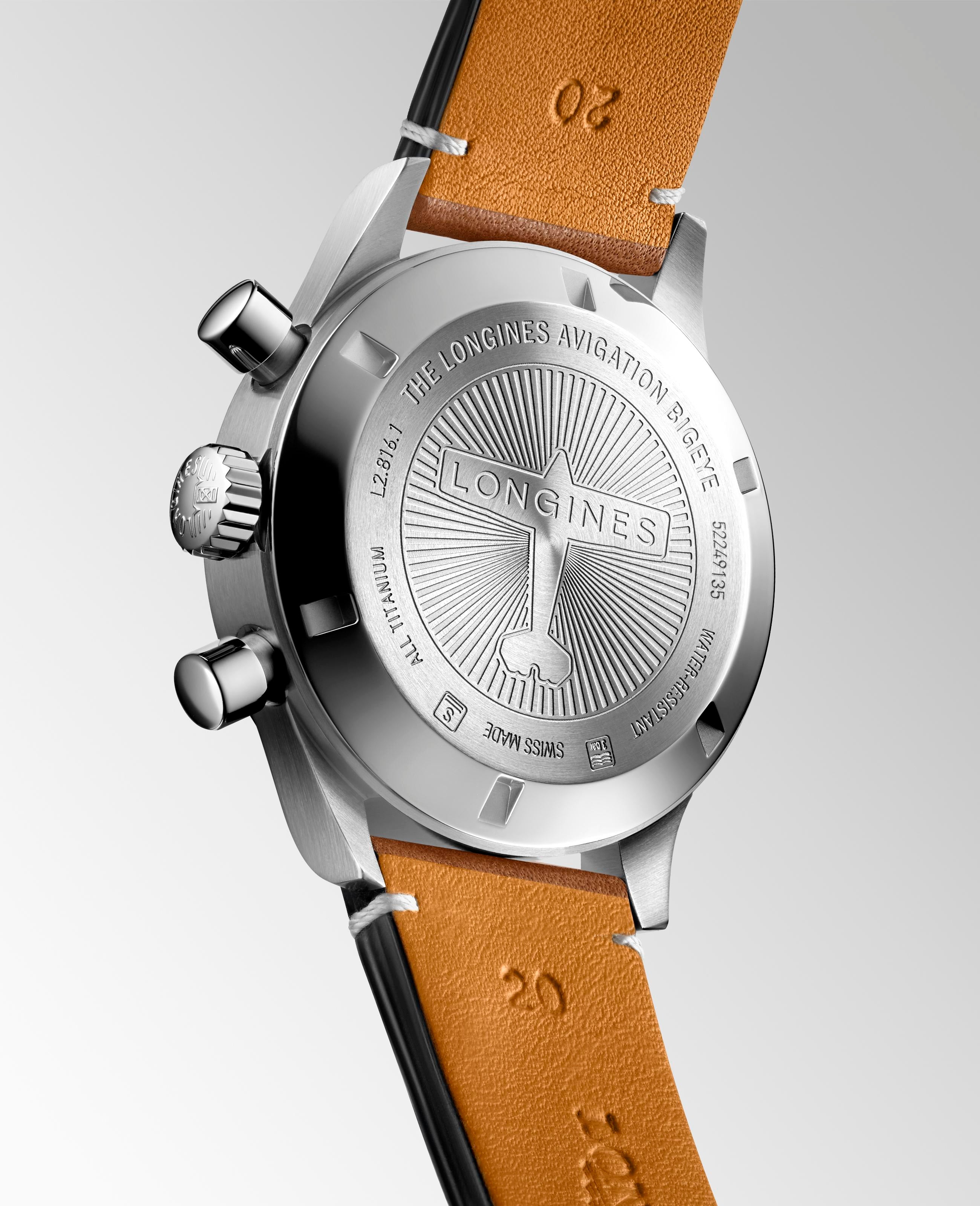 Gents Longines 41mm Automatic Chronograph Avigation Big Eye Titanium Case Petroleum Arabic Numeral Dial Brown Leather Strap 5 Year Warranty