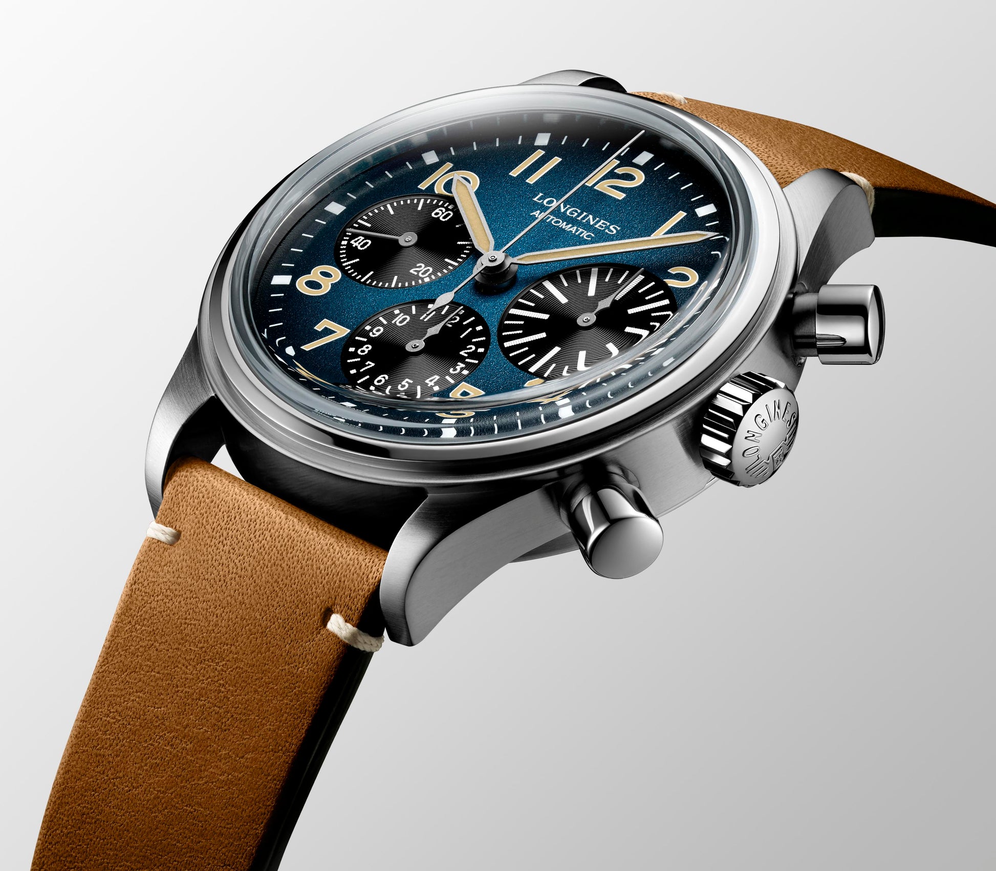 Gents Longines 41mm Automatic Chronograph Avigation Big Eye Titanium Case Petroleum Arabic Numeral Dial Brown Leather Strap 5 Year Warranty