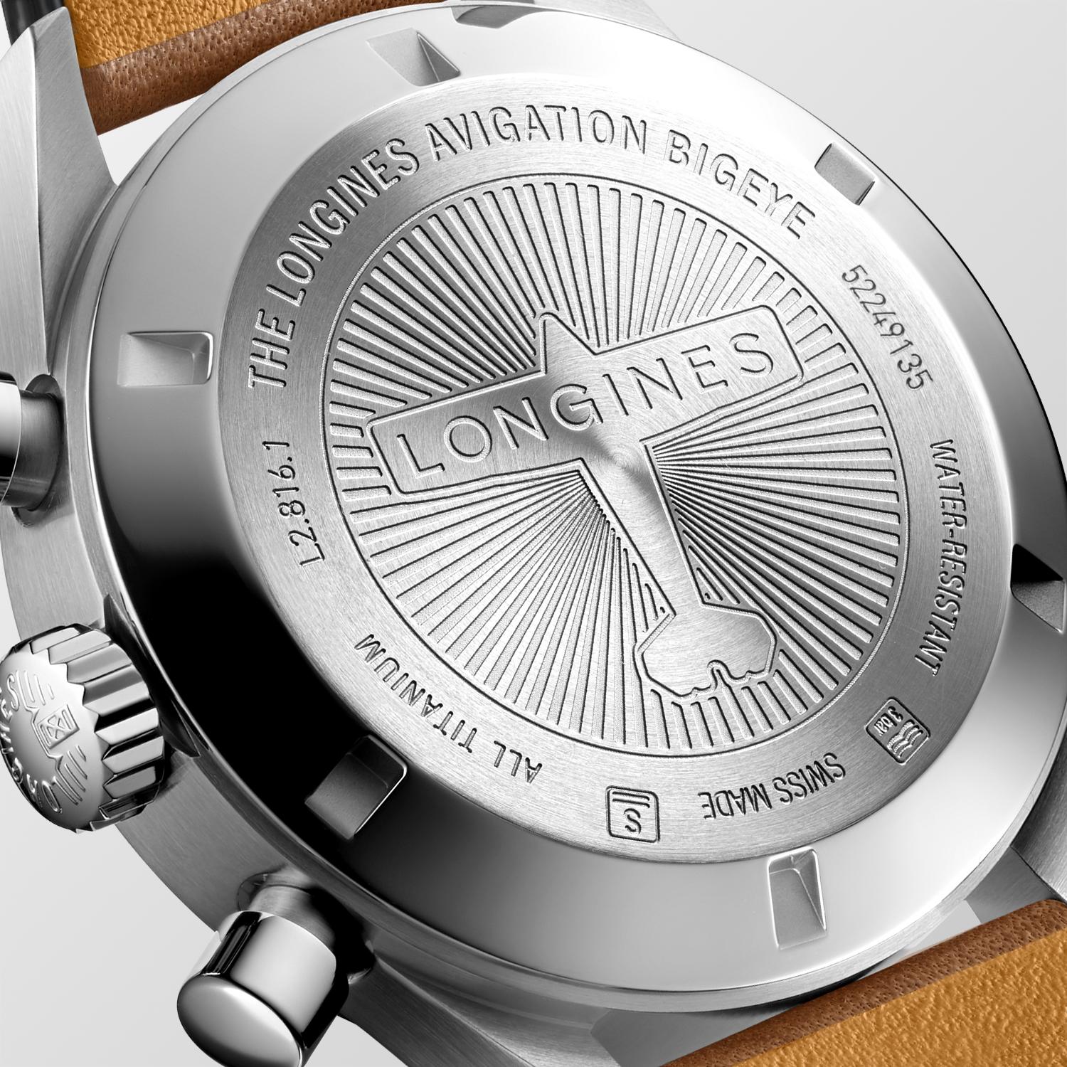 Gents Longines 41mm Automatic Chronograph Avigation Big Eye Titanium Case Petroleum Arabic Numeral Dial Brown Leather Strap 5 Year Warranty