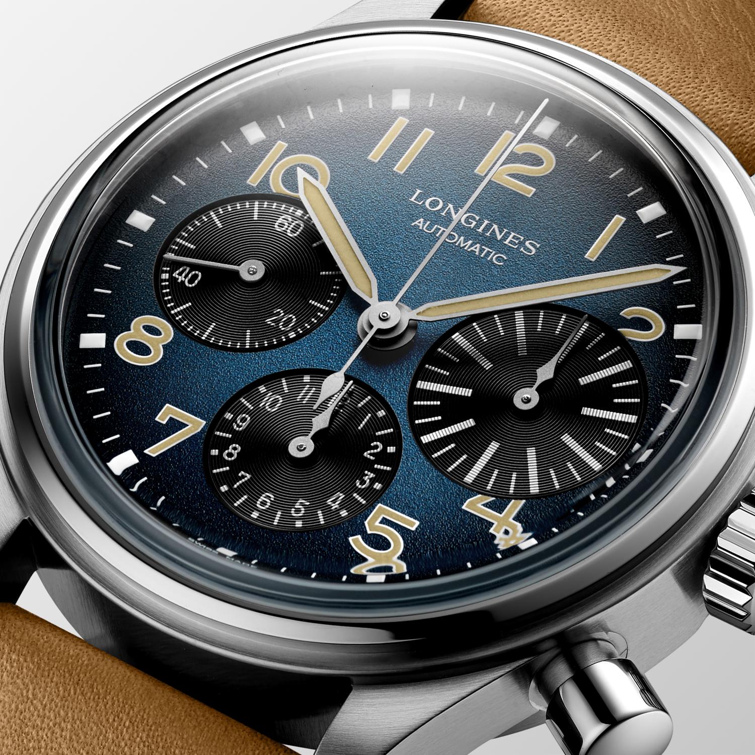 Gents Longines 41mm Automatic Chronograph Avigation Big Eye Titanium Case Petroleum Arabic Numeral Dial Brown Leather Strap 5 Year Warranty