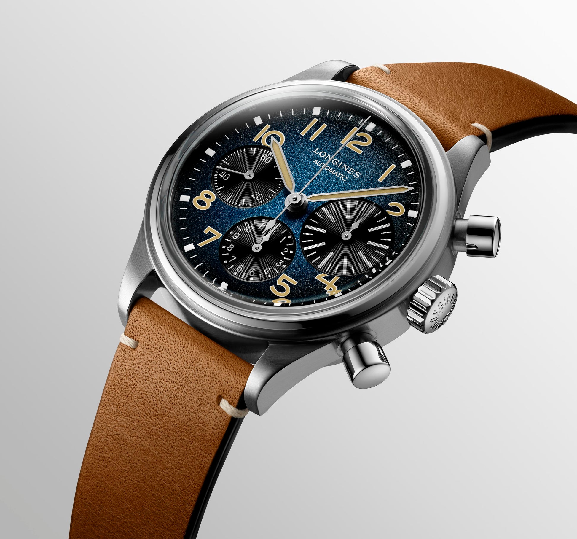 Gents Longines 41mm Automatic Chronograph Avigation Big Eye Titanium Case Petroleum Arabic Numeral Dial Brown Leather Strap 5 Year Warranty
