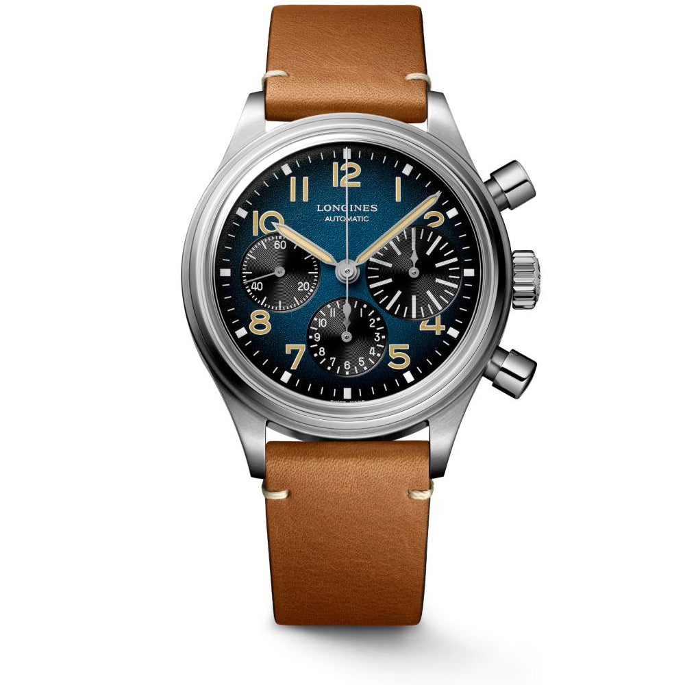 Gents Longines 41mm Automatic Chronograph Avigation Big Eye Titanium Case Petroleum Arabic Numeral Dial Brown Leather Strap 5 Year Warranty