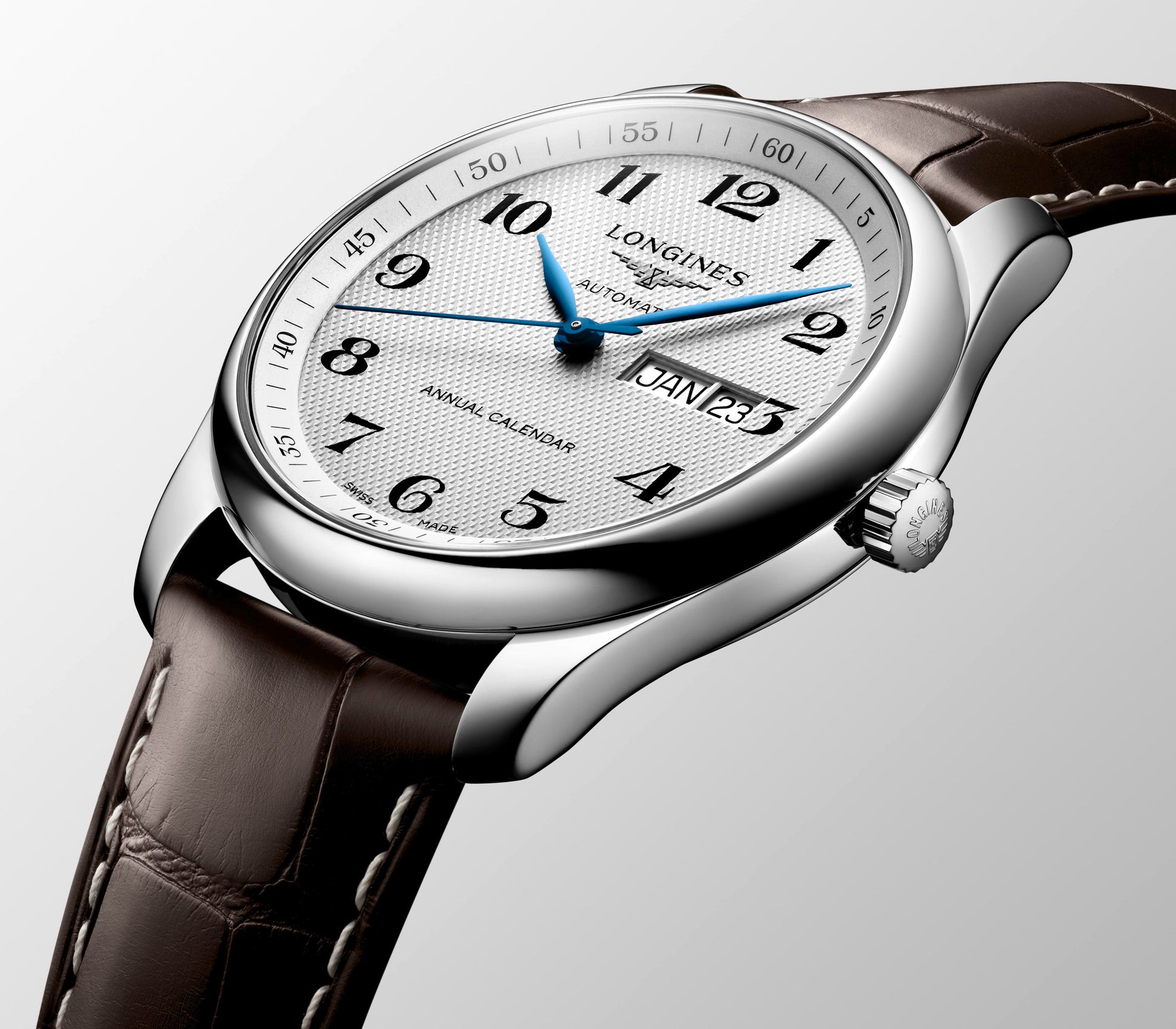 Gents Longines Master Collection Automatic Annual Calendar Silver Barlycorn Dial Steel 40mm Case Brown Strap