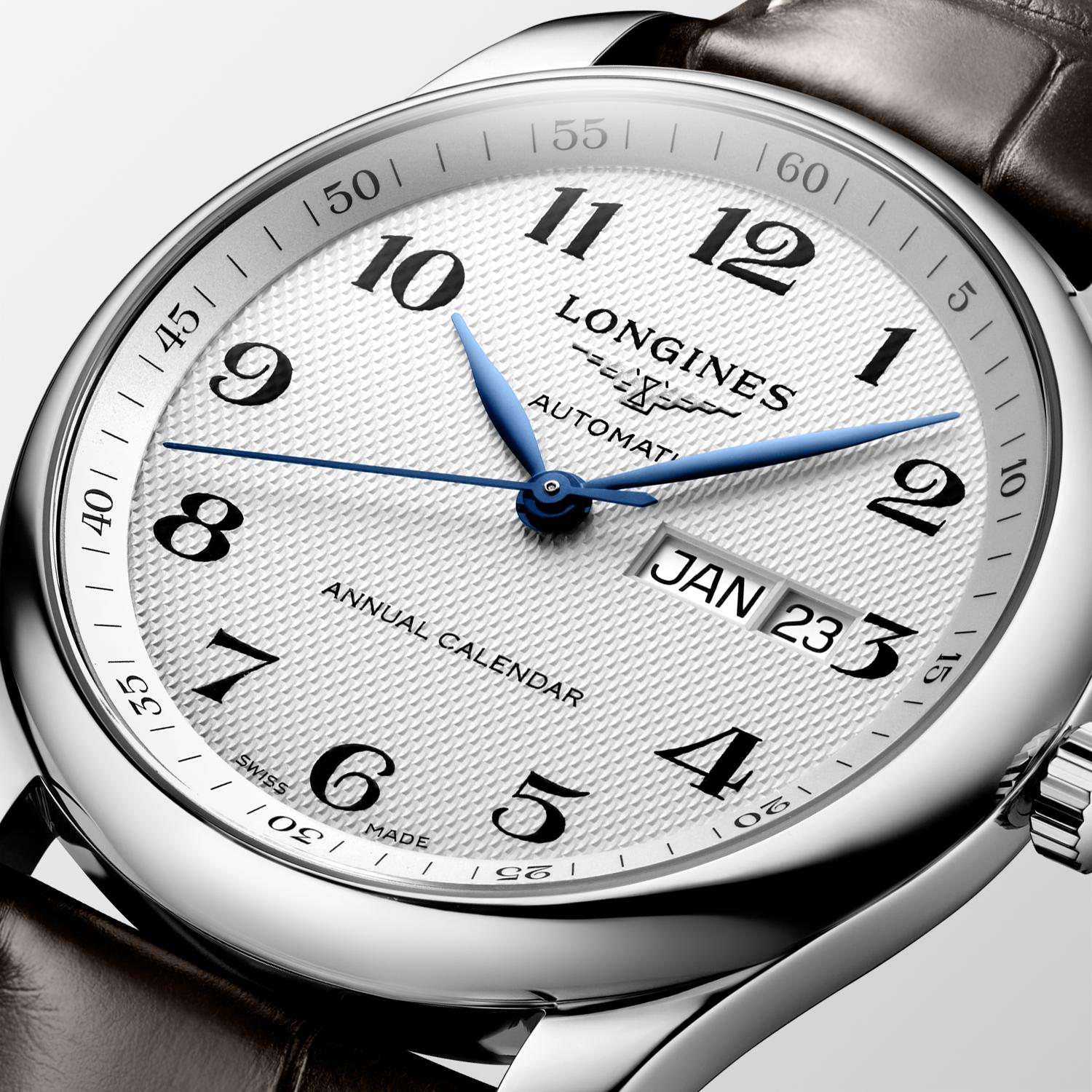 Gents Longines Master Collection Automatic Annual Calendar Silver Barlycorn Dial Steel 40mm Case Brown Strap