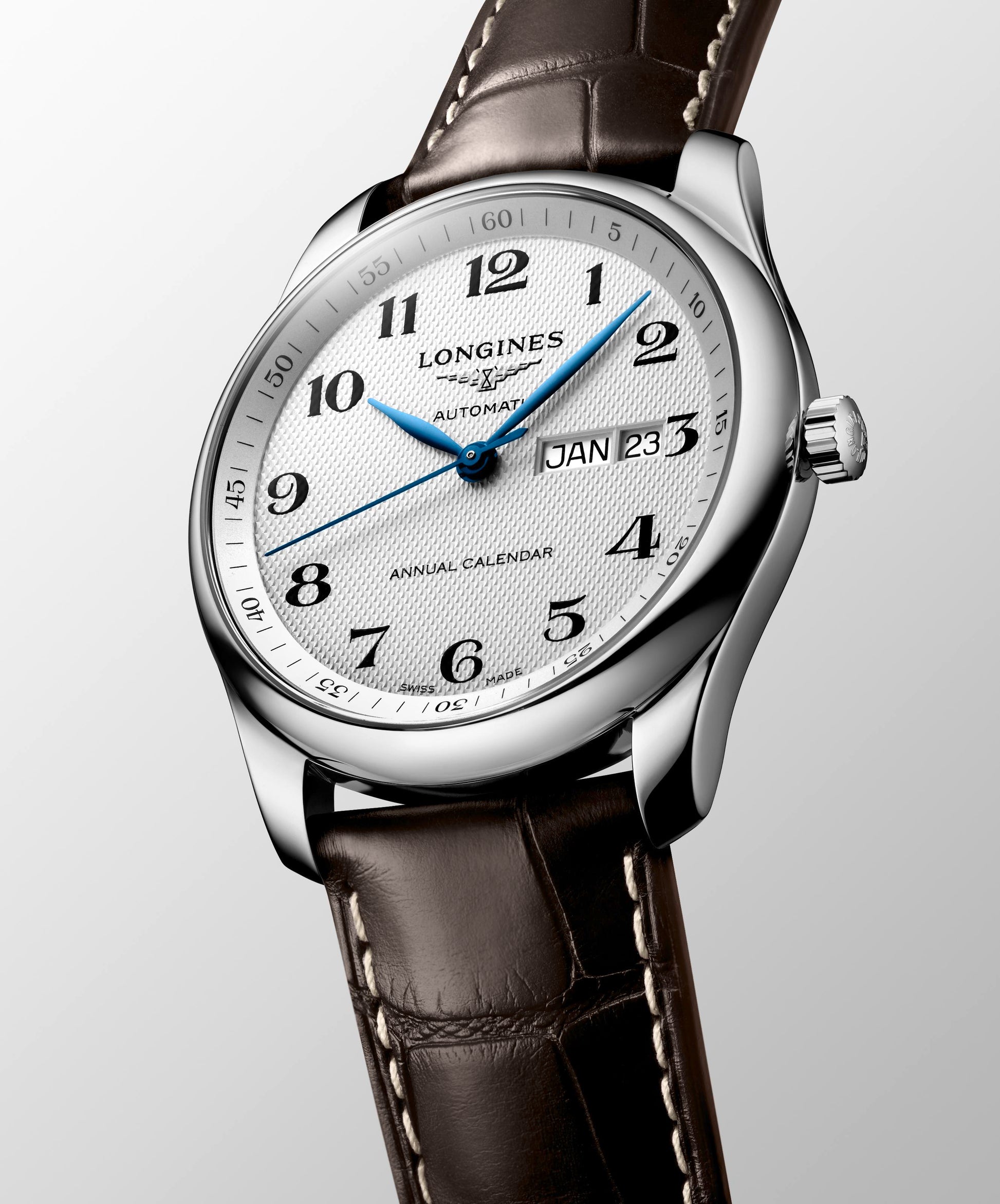 Gents Longines Master Collection Automatic Annual Calendar Silver Barlycorn Dial Steel 40mm Case Brown Strap