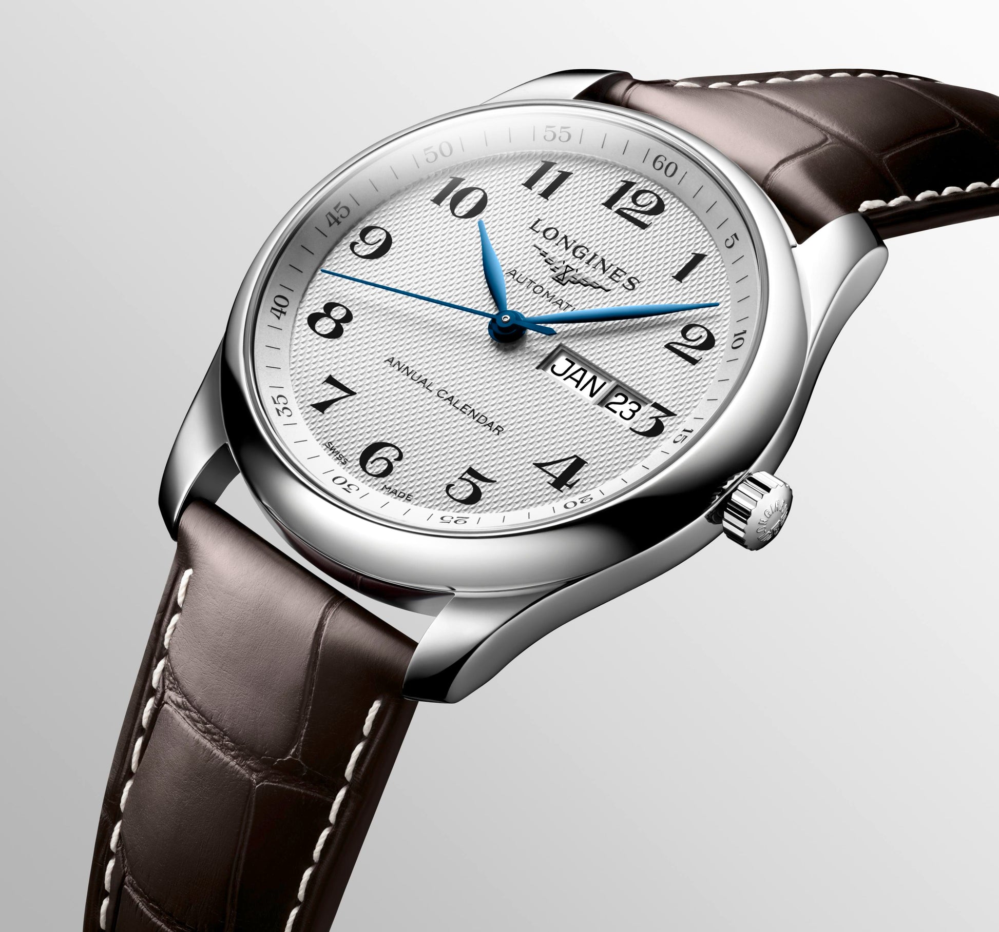 Gents Longines Master Collection Automatic Annual Calendar Silver Barlycorn Dial Steel 40mm Case Brown Strap