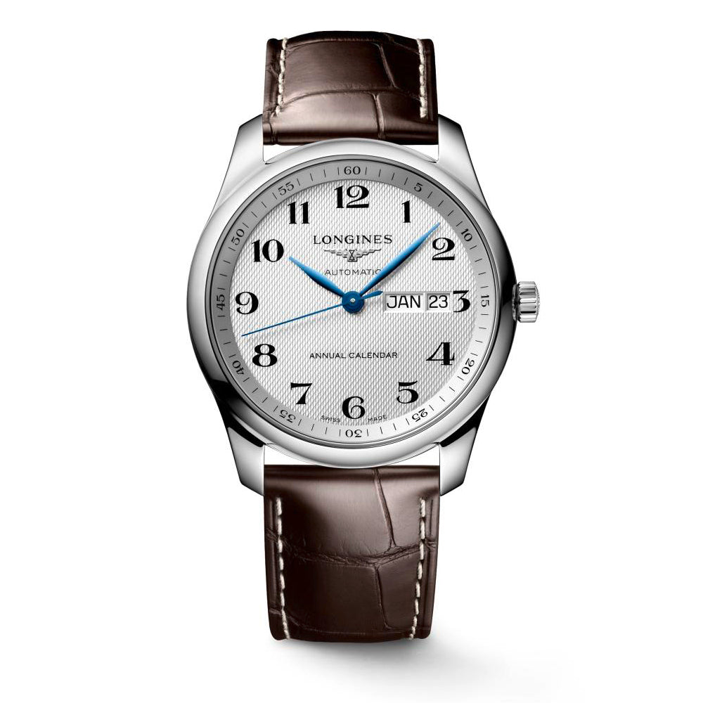 Gents Longines Master Collection Automatic Annual Calendar Silver Barlycorn Dial Steel 40mm Case Brown Strap