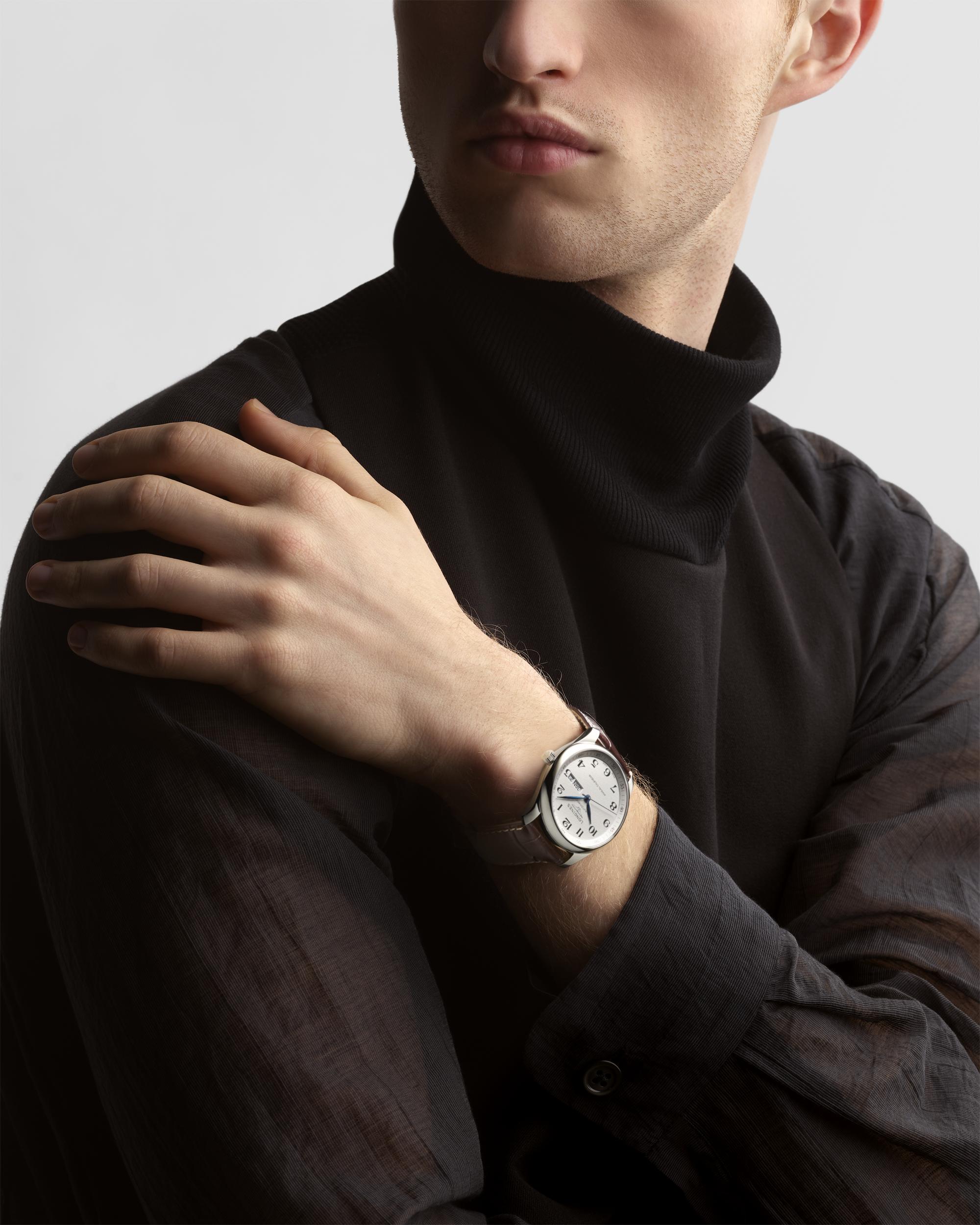 Gents Longines Master Collection Automatic Annual Calendar Silver Barlycorn Dial Steel 40mm Case Brown Strap