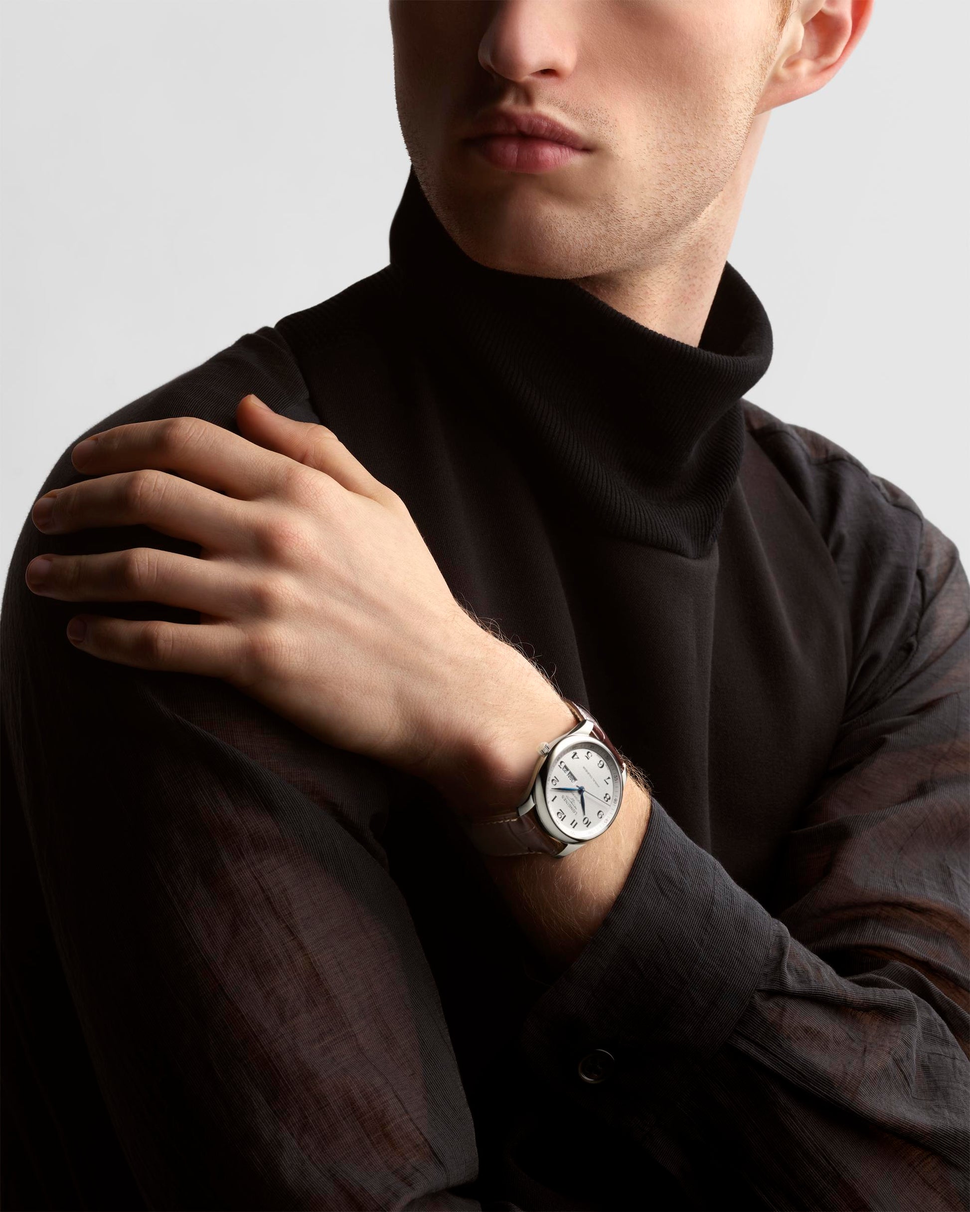 Gents Longines Master Collection Automatic Annual Calendar Silver Barlycorn Dial Steel 40mm Case Brown Strap