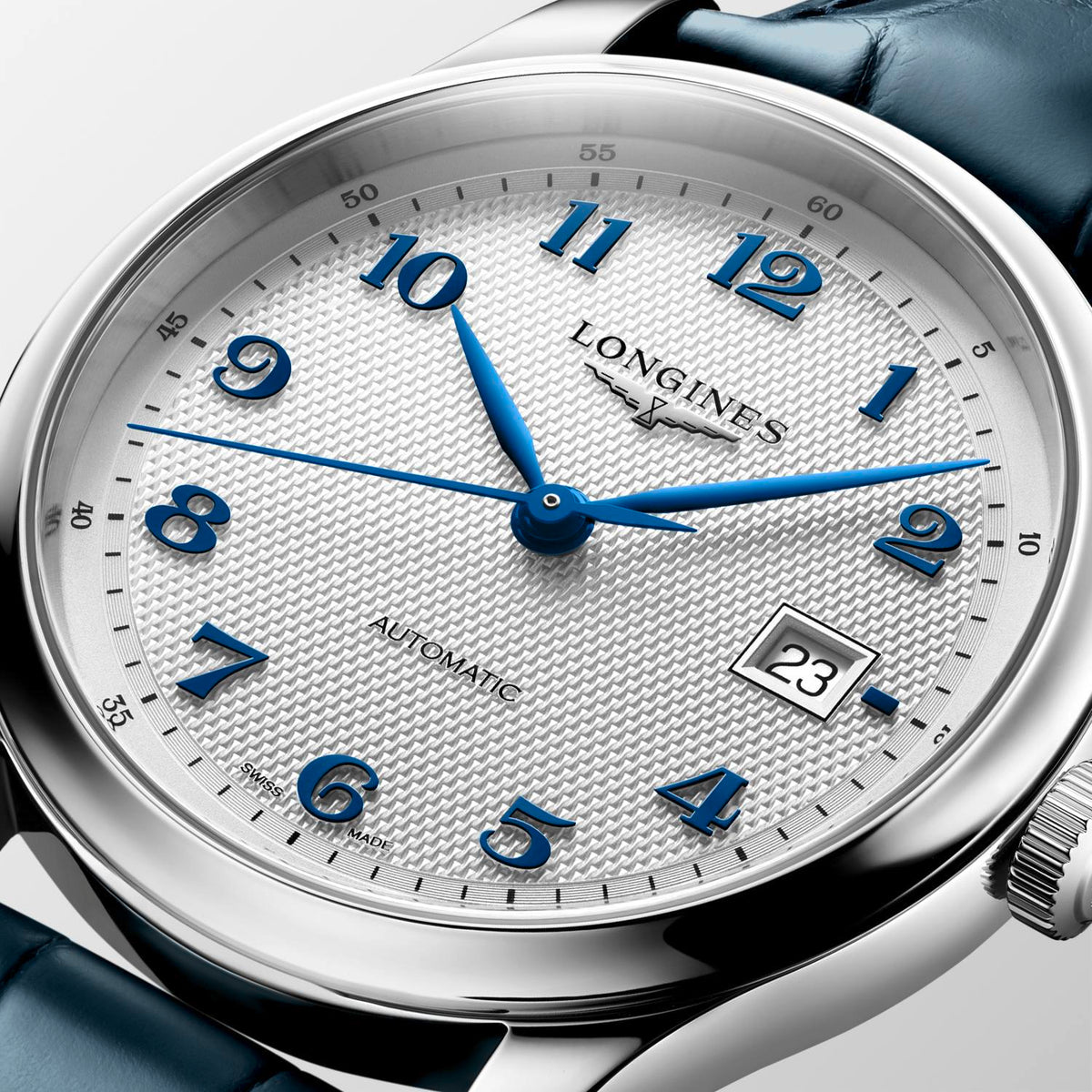Gents Longines 41mm Master Collection Automatic Steel Case Silver Arabic Numeral Dial Navy Strap L2.950.4.73.2