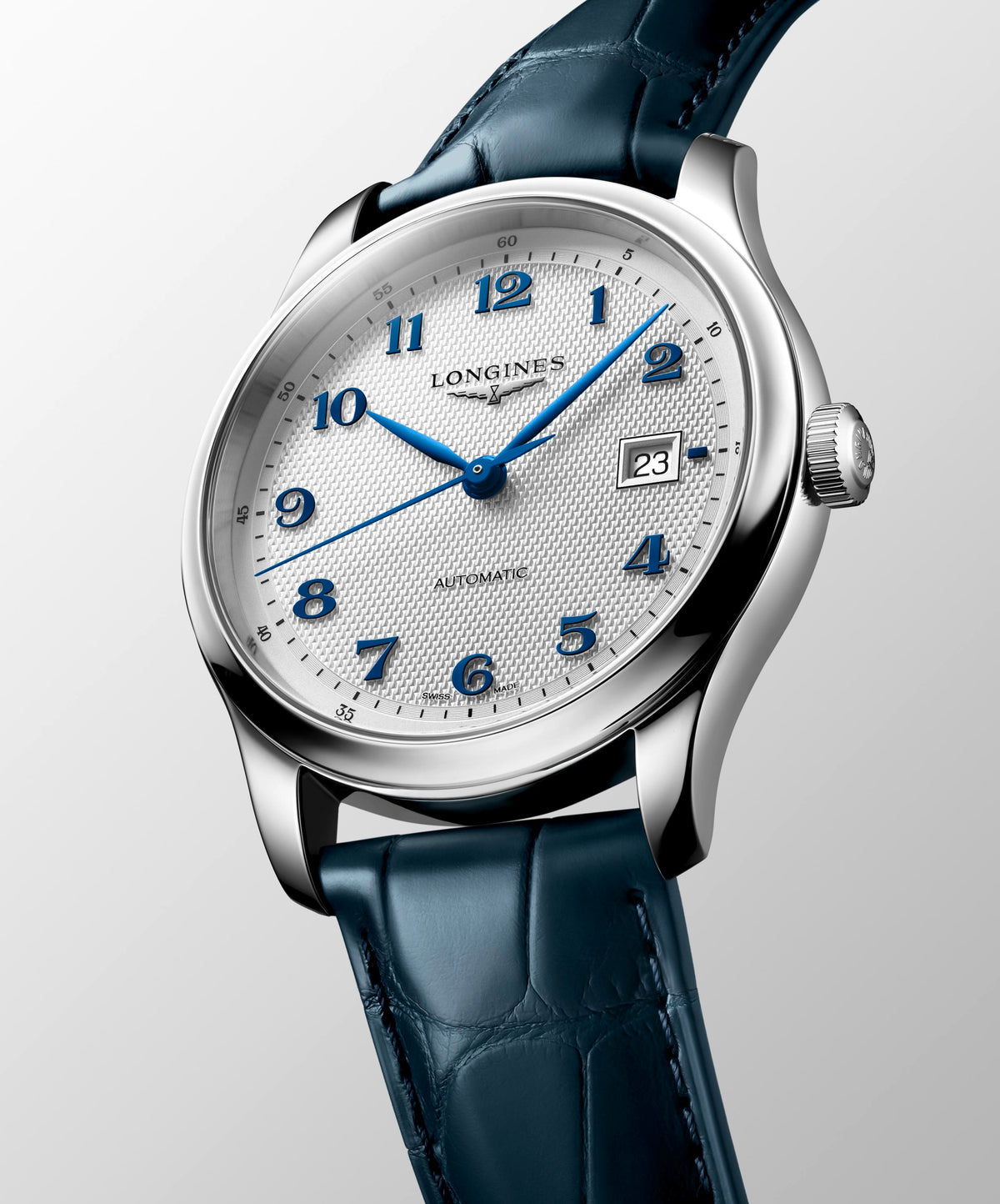 Gents Longines 41mm Master Collection Automatic Steel Case Silver Arabic Numeral Dial Navy Strap L2.950.4.73.2