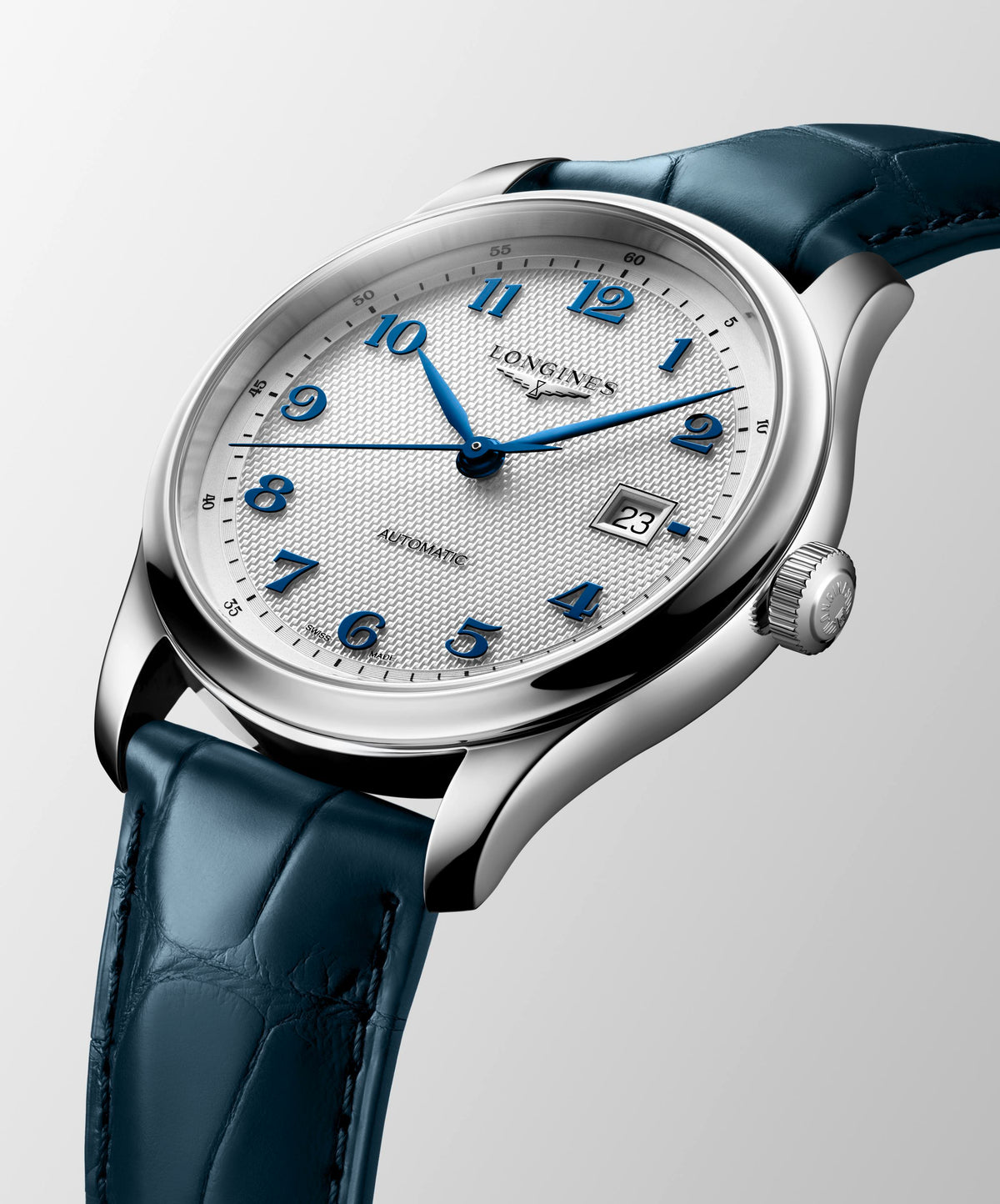Gents Longines 41mm Master Collection Automatic Steel Case Silver Arabic Numeral Dial Navy Strap L2.950.4.73.2