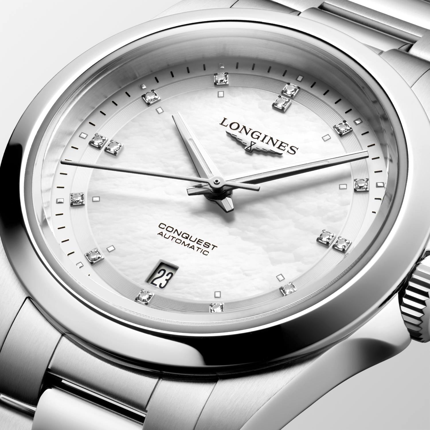 Ladies Longines Conquest Automatic 30mm Steel MOP Diamond Dial