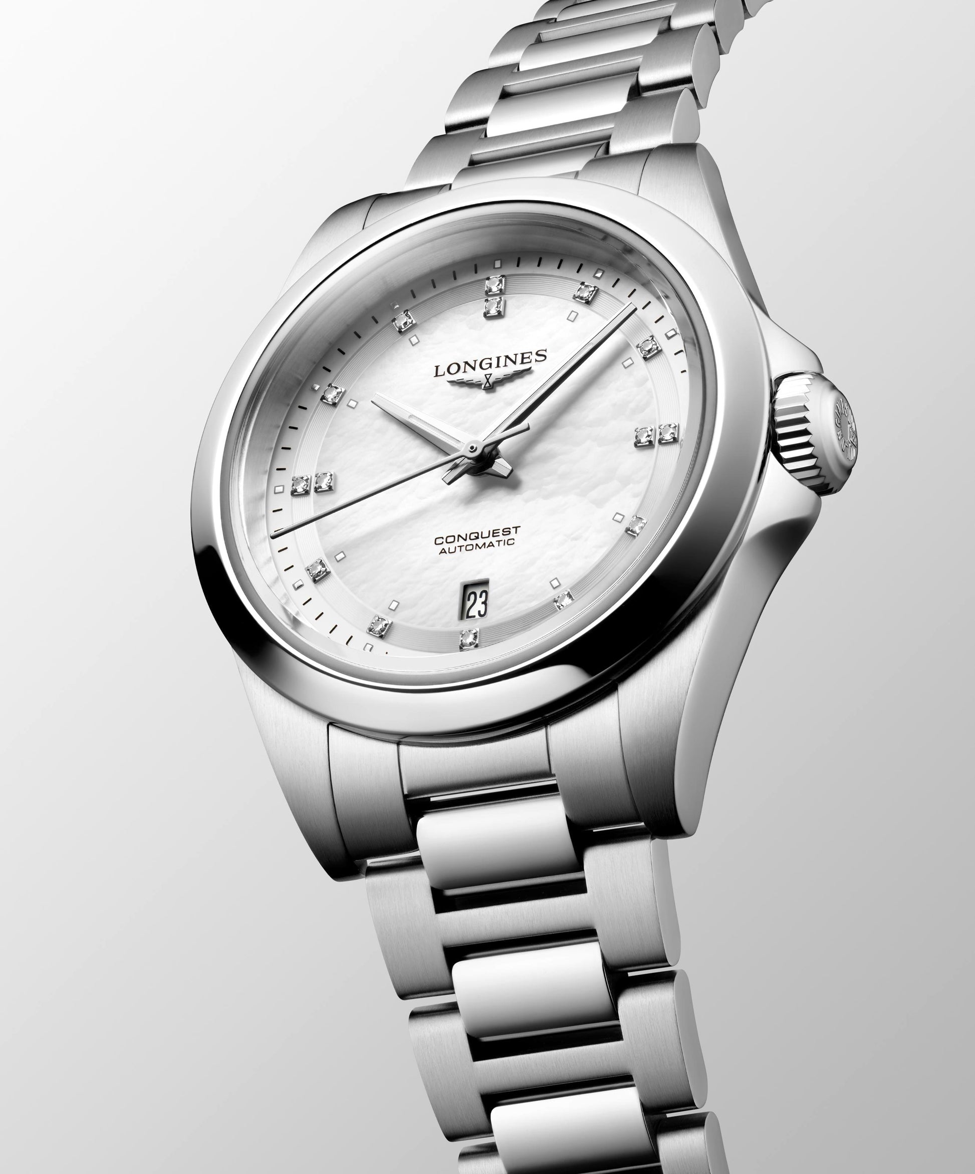 Ladies Longines Conquest Automatic 30mm Steel MOP Diamond Dial