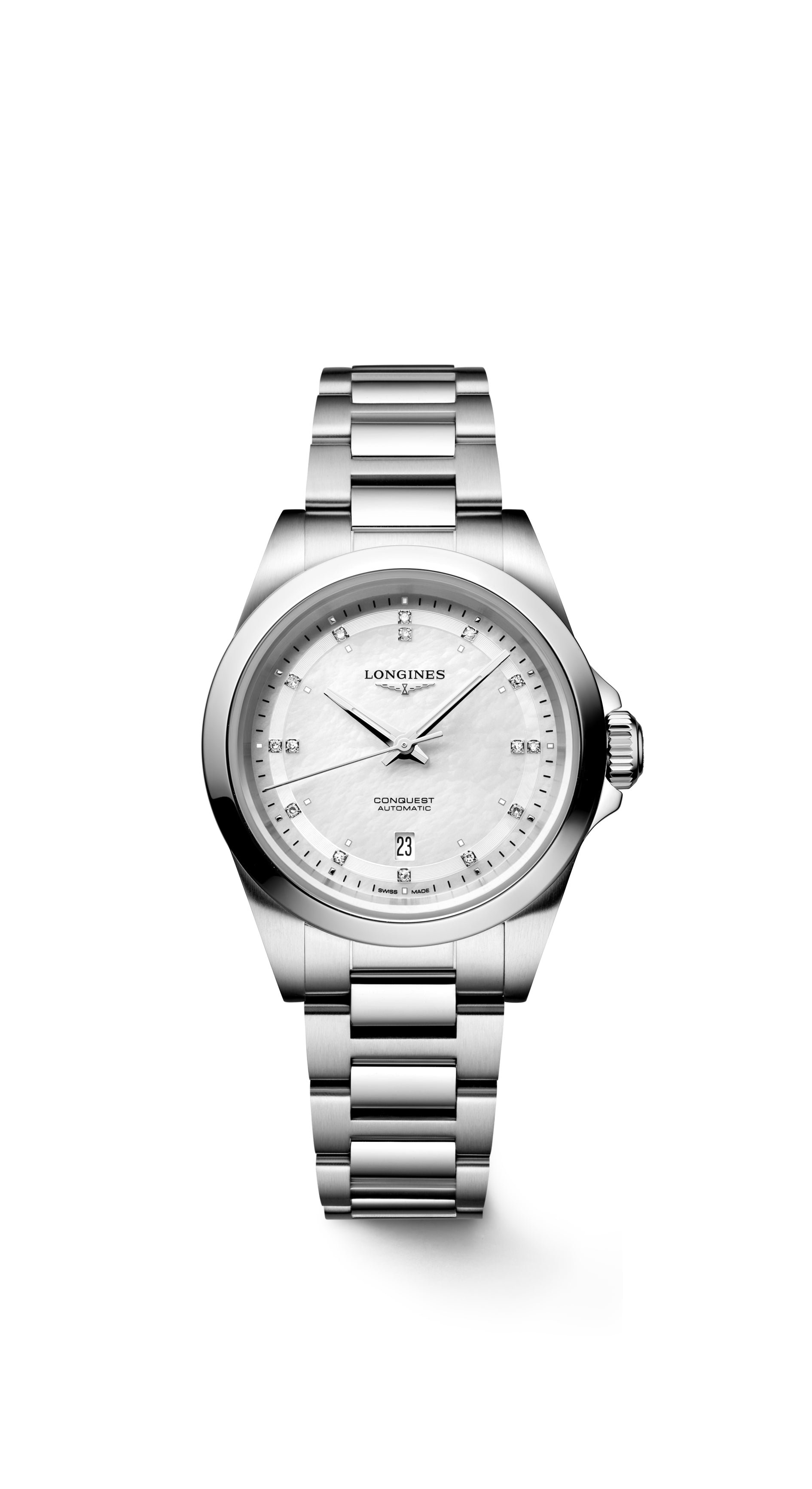 Ladies Longines Conquest Automatic 30mm Steel MOP Diamond Dial