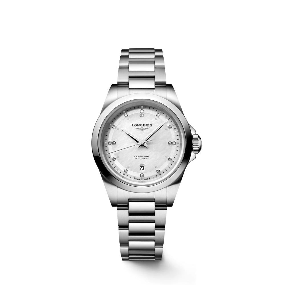 Ladies Longines Conquest Automatic 30mm Steel MOP Diamond Dial
