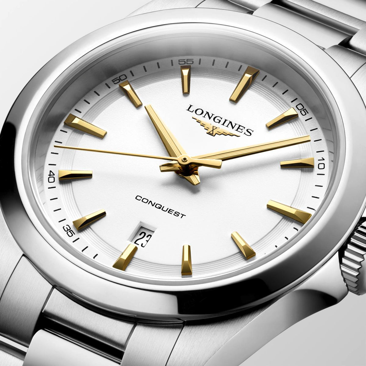 Ladies Longines 30mm Conquest Quartz Steel Bracelet White Dial with Date and Gilt Hands  L3.350.4.12.6