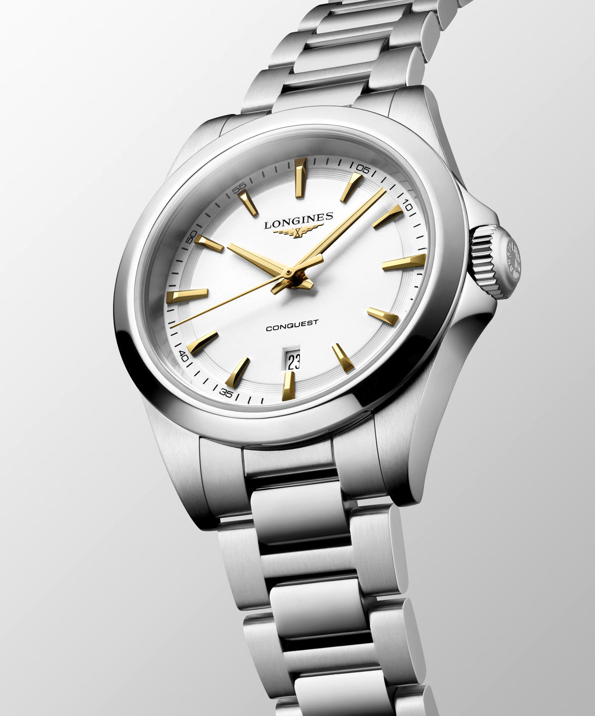 Ladies Longines 30mm Conquest Quartz Steel Bracelet White Dial with Date and Gilt Hands  L3.350.4.12.6