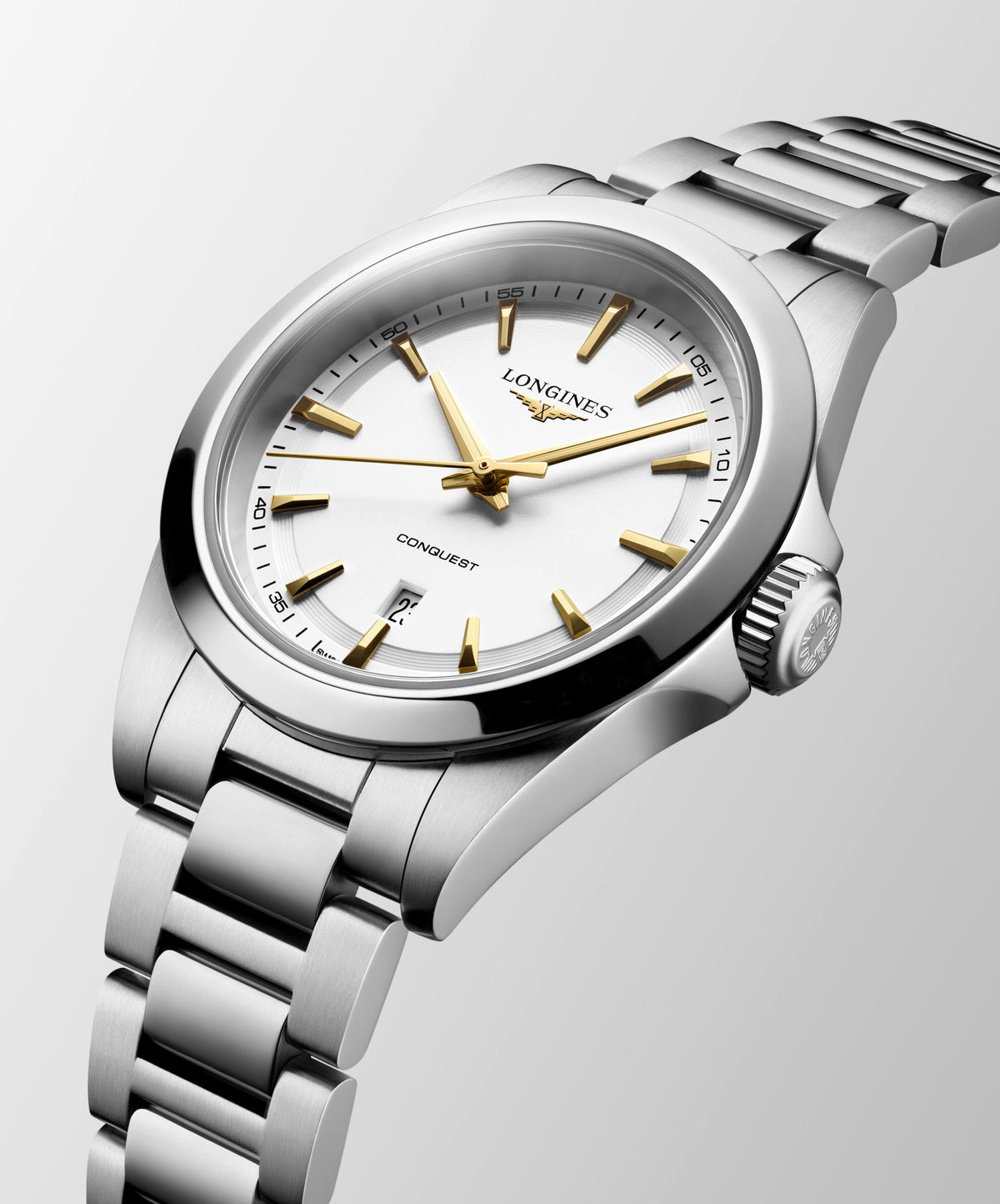 Ladies Longines 30mm Conquest Quartz Steel Bracelet White Dial with Date and Gilt Hands  L3.350.4.12.6