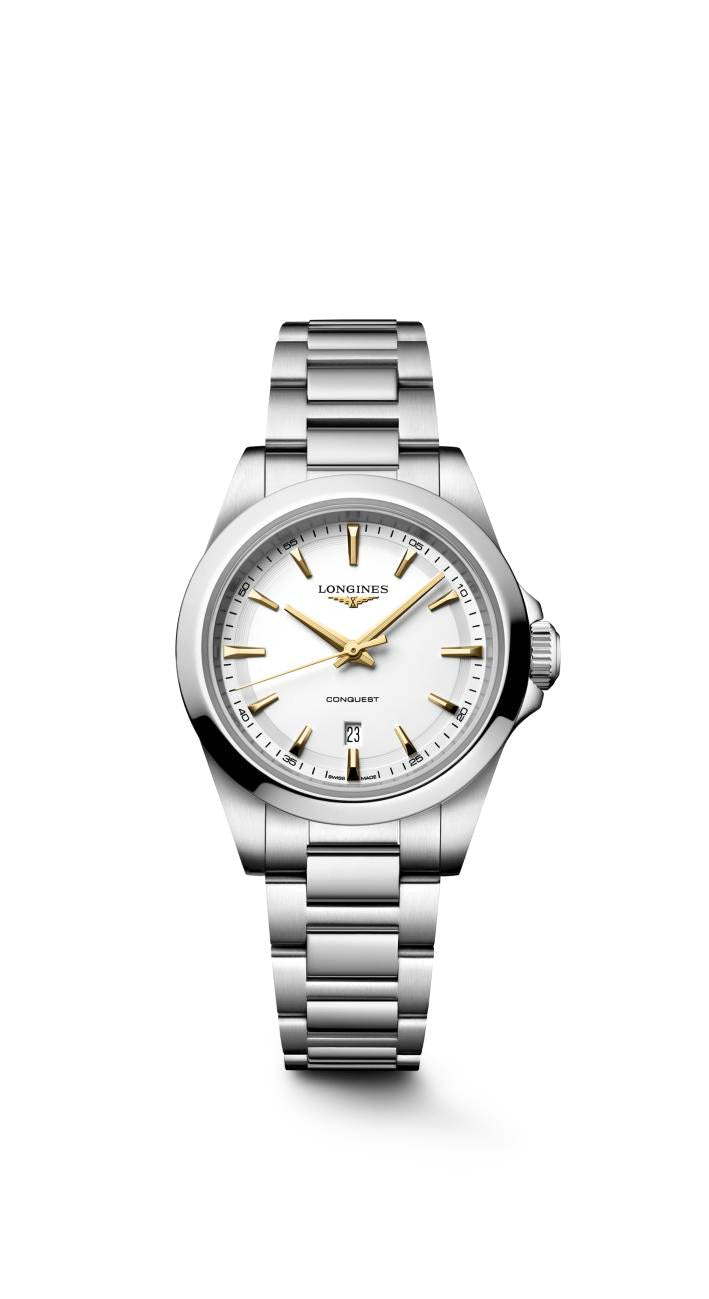 Ladies Longines 30mm Conquest Quartz Steel Bracelet White Dial with Date and Gilt Hands  L3.350.4.12.6