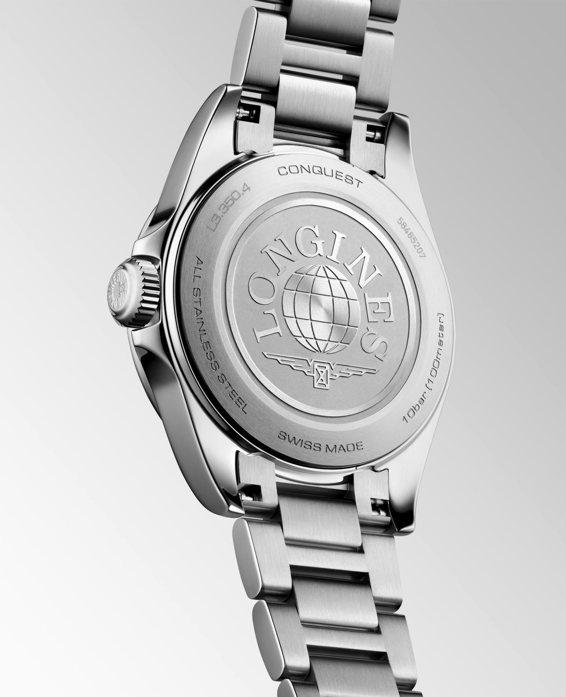 Ladies Longines Conquest Quartz 30mm Steel Bracelet White Mother of Pearl Diamond Dot Dial Date L3.350.4.87.6