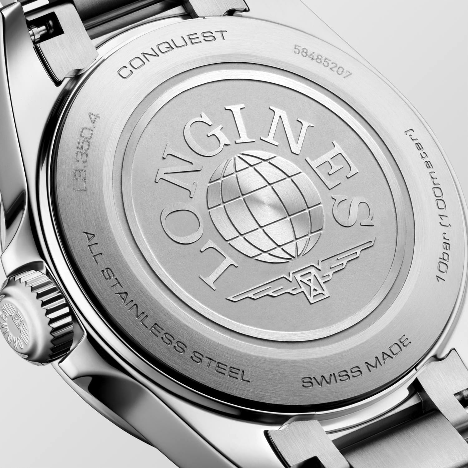 Ladies Longines Conquest Quartz 30mm Steel Bracelet White Mother of Pearl Diamond Dot Dial Date L3.350.4.87.6
