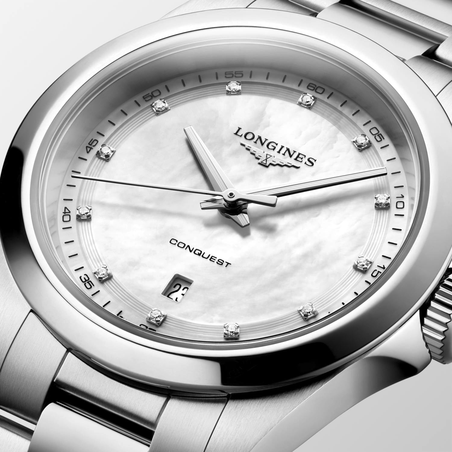 Ladies Longines Conquest Quartz 30mm Steel Bracelet White Mother of Pearl Diamond Dot Dial Date L3.350.4.87.6