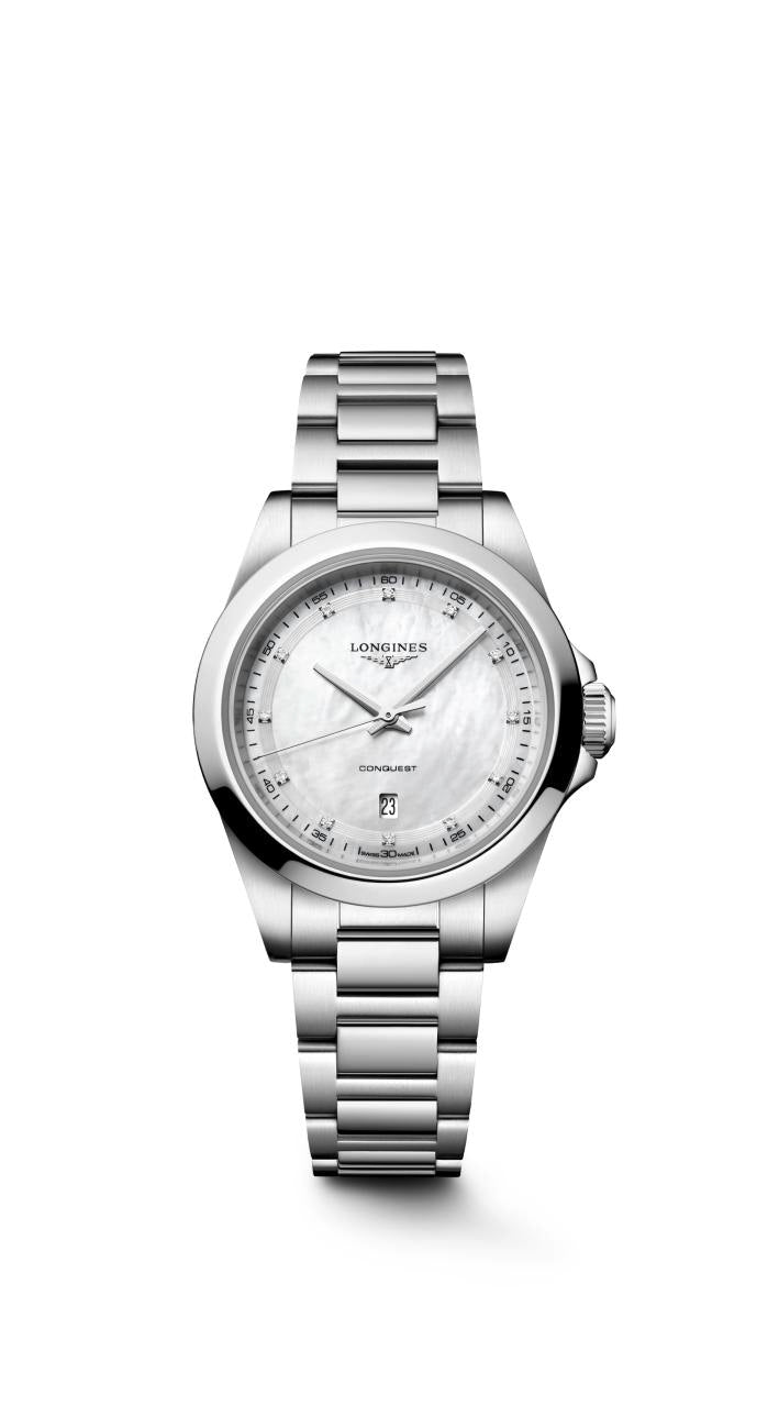 Ladies Longines Conquest Quartz 30mm Steel Bracelet White Mother of Pearl Diamond Dot Dial Date L3.350.4.87.6