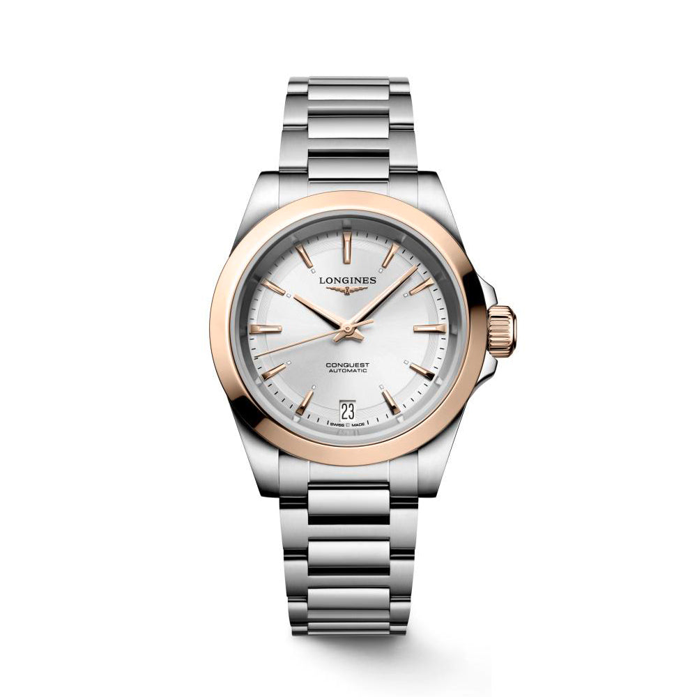 Ladies Longines Conquest Automatic 34mm Steel & 18ct RG PVD Silver Dial