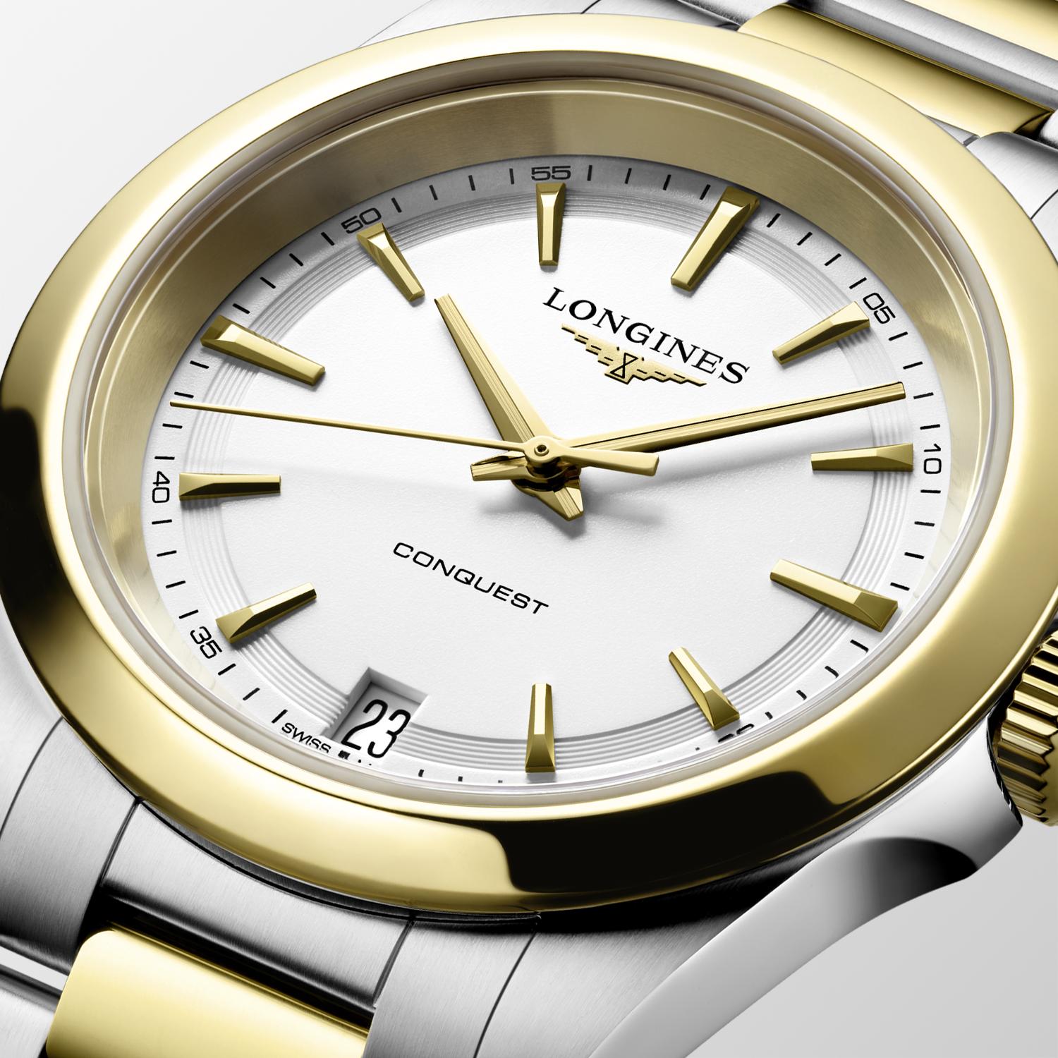 Ladies Longines Conquest Quartz 34mm Steel and Yellow Gold PVD Bracelet White Index Dial with Date L3.460.3.12.7
