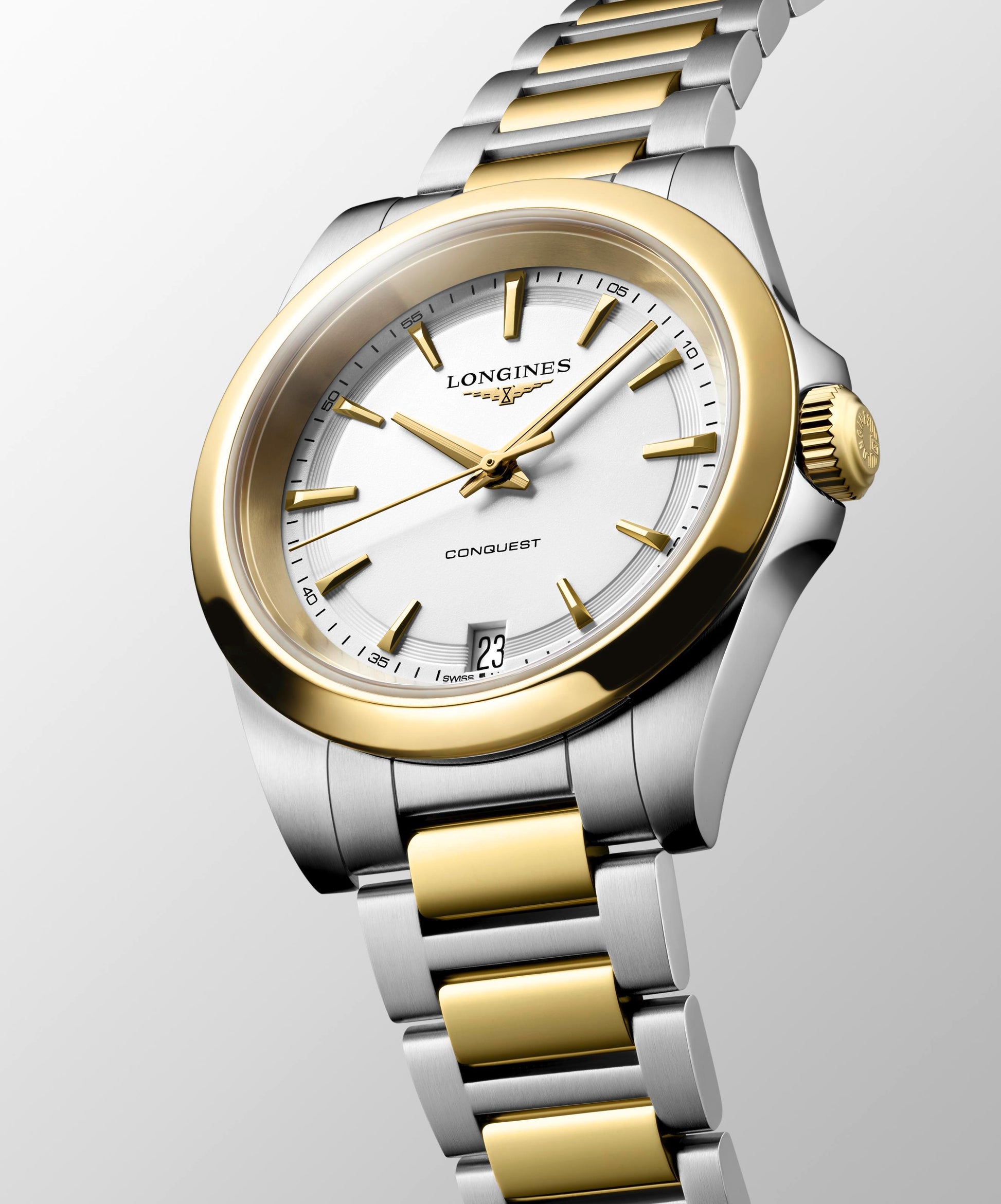 Ladies Longines Conquest Quartz 34mm Steel and Yellow Gold PVD Bracelet White Index Dial with Date L3.460.3.12.7