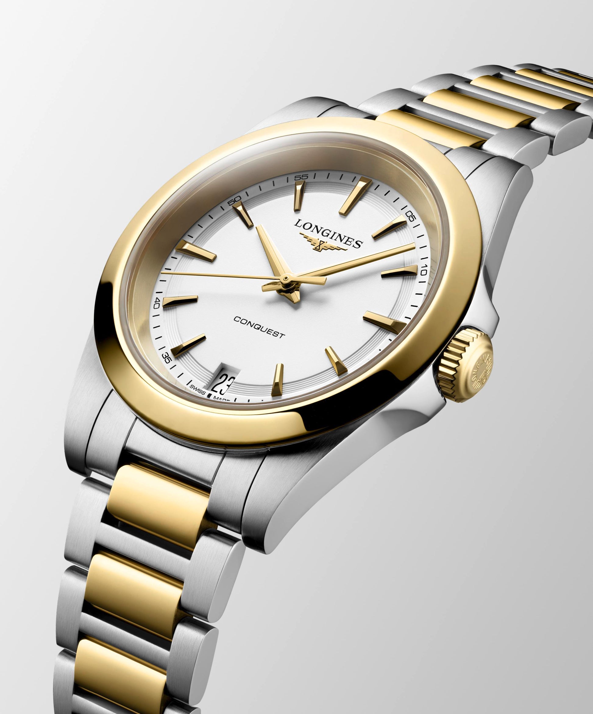 Ladies Longines Conquest Quartz 34mm Steel and Yellow Gold PVD Bracelet White Index Dial with Date L3.460.3.12.7