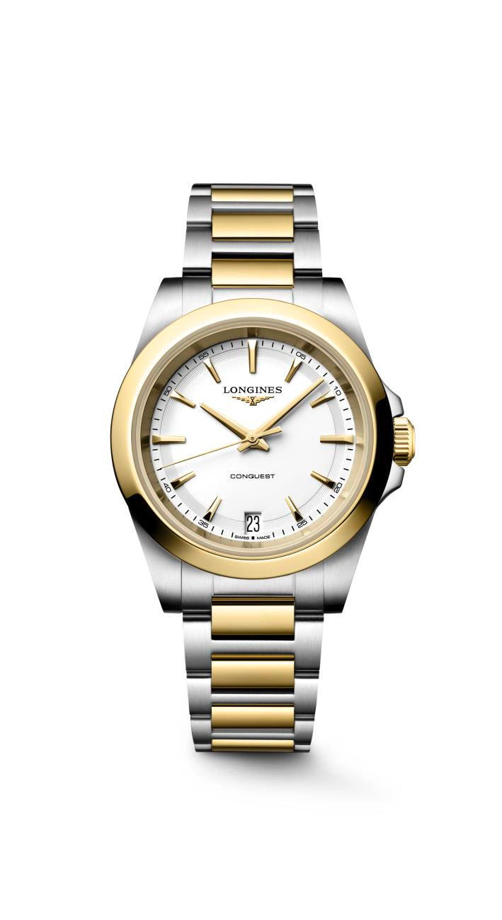Ladies Longines Conquest Quartz 34mm Steel and Yellow Gold PVD Bracelet White Index Dial with Date L3.460.3.12.7