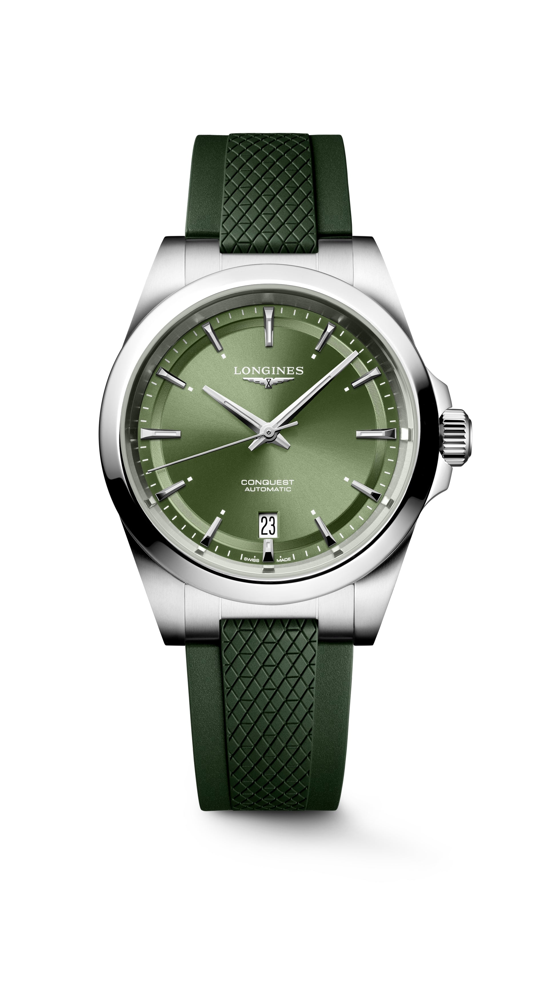 Gents Longines Conquest 38mm Auto Steel Green Dial Green Strap