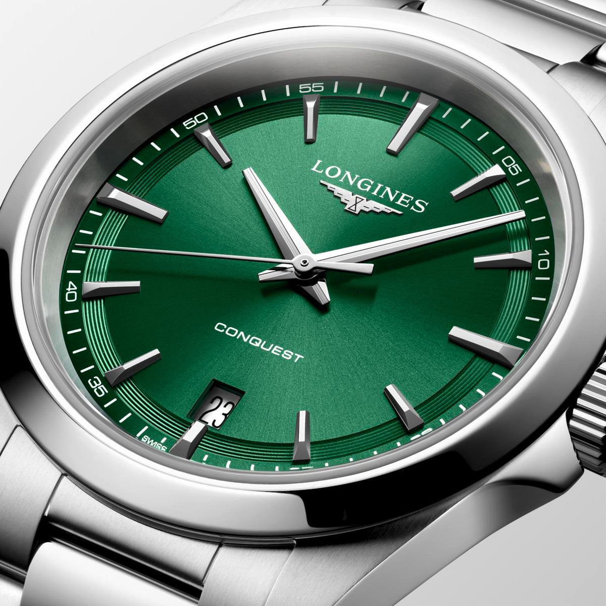 Gents Longines 38mm Conquest Quartz Steel Bracelet Green Index Dial with Date L3.750.4.09.6