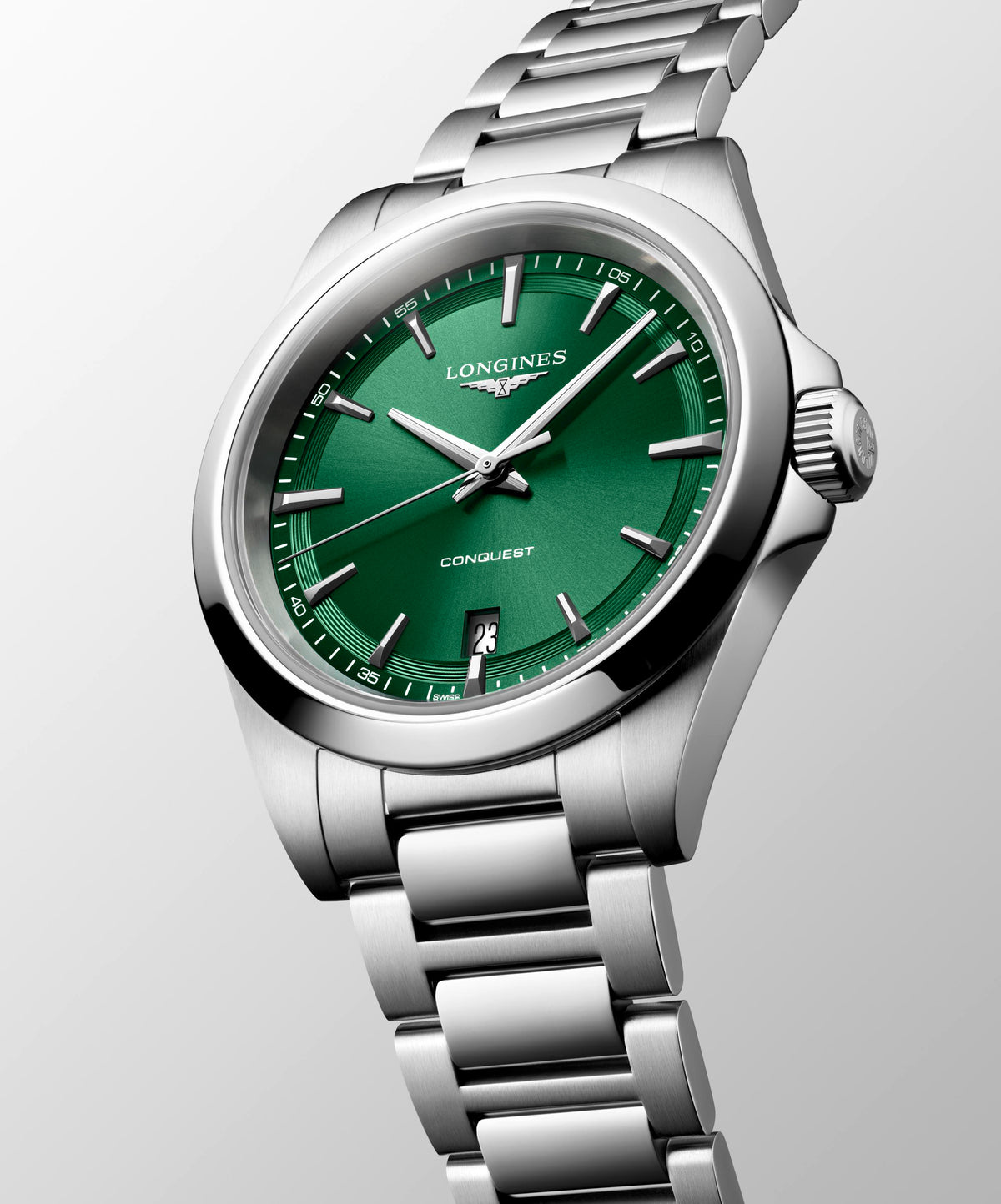 Gents Longines 38mm Conquest Quartz Steel Bracelet Green Index Dial with Date L3.750.4.09.6