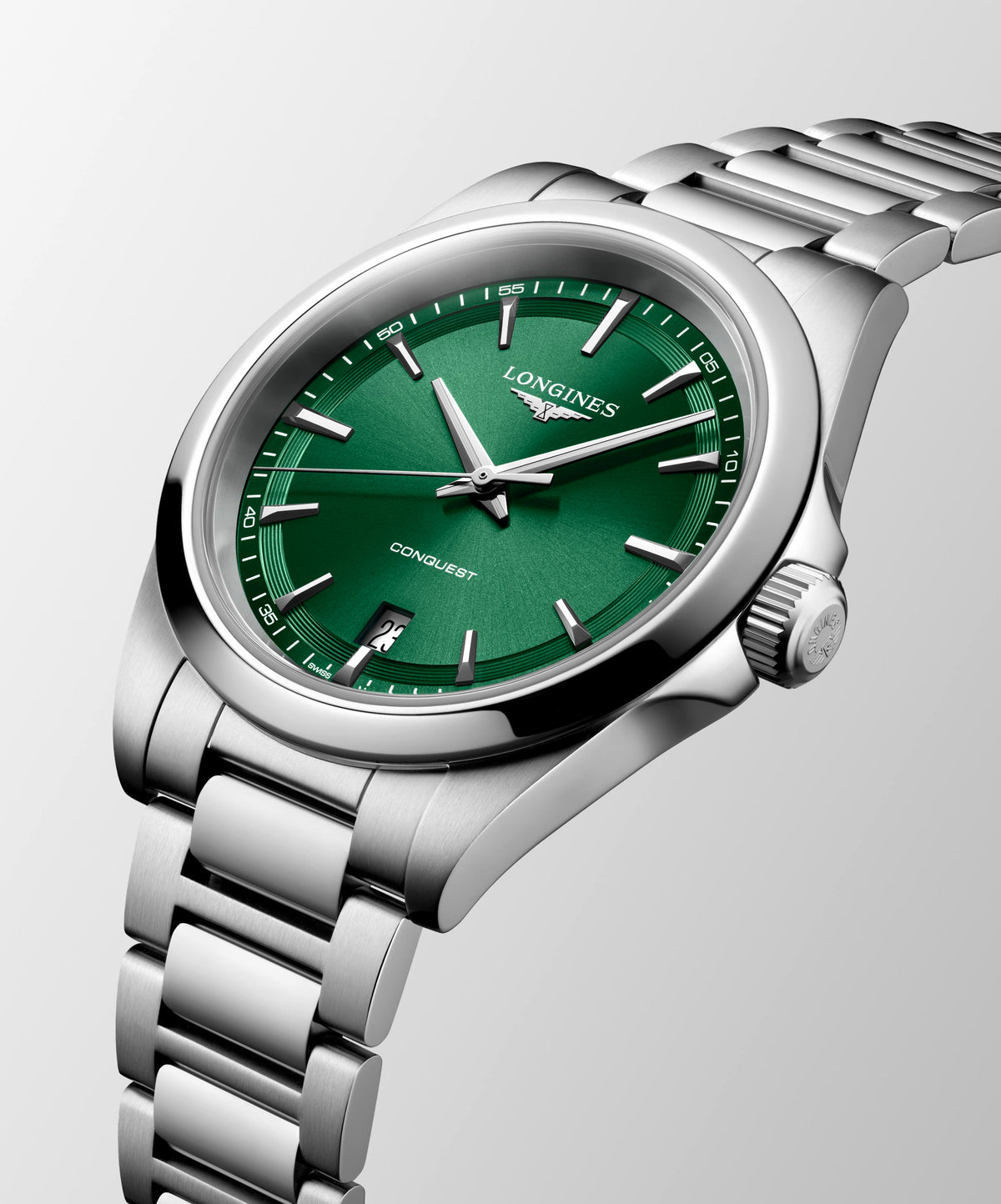 Gents Longines 38mm Conquest Quartz Steel Bracelet Green Index Dial with Date L3.750.4.09.6