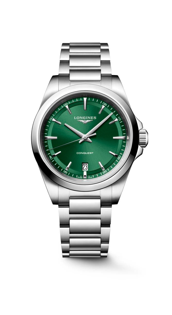Gents Longines 38mm Conquest Quartz Steel Bracelet Green Index Dial with Date L3.750.4.09.6