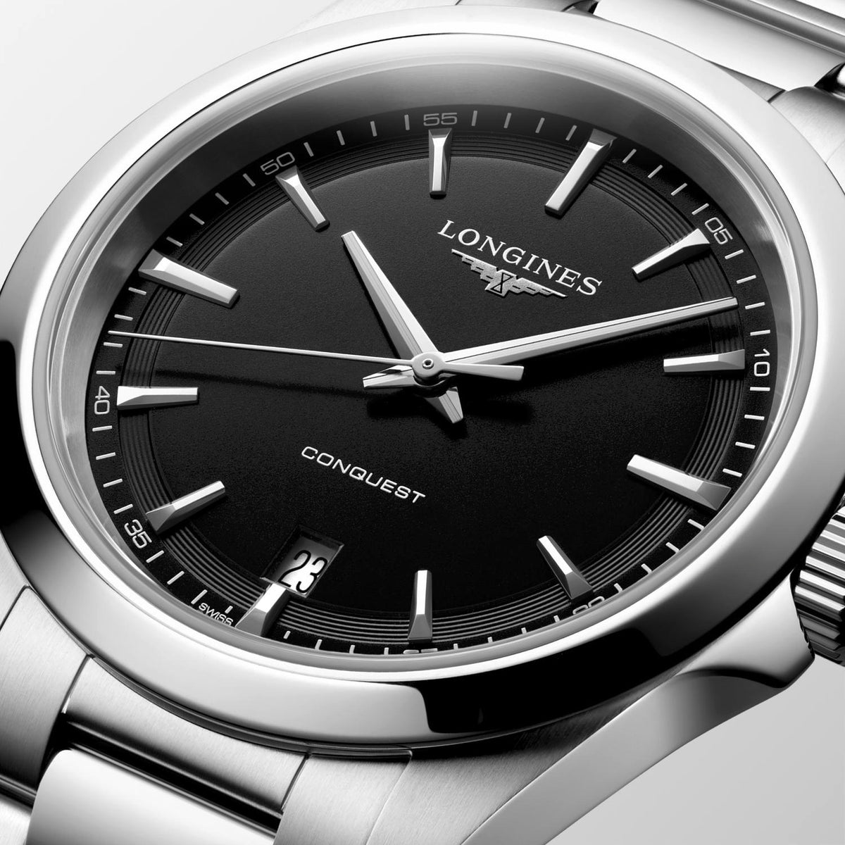 Gents Longines 38mm Conquest Quartz Steel Bracelet Black Index Dial with Date L3.750.4.52.6