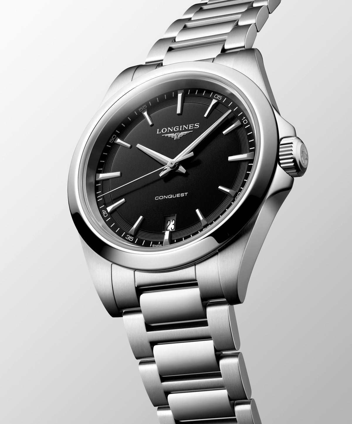Gents Longines 38mm Conquest Quartz Steel Bracelet Black Index Dial with Date L3.750.4.52.6