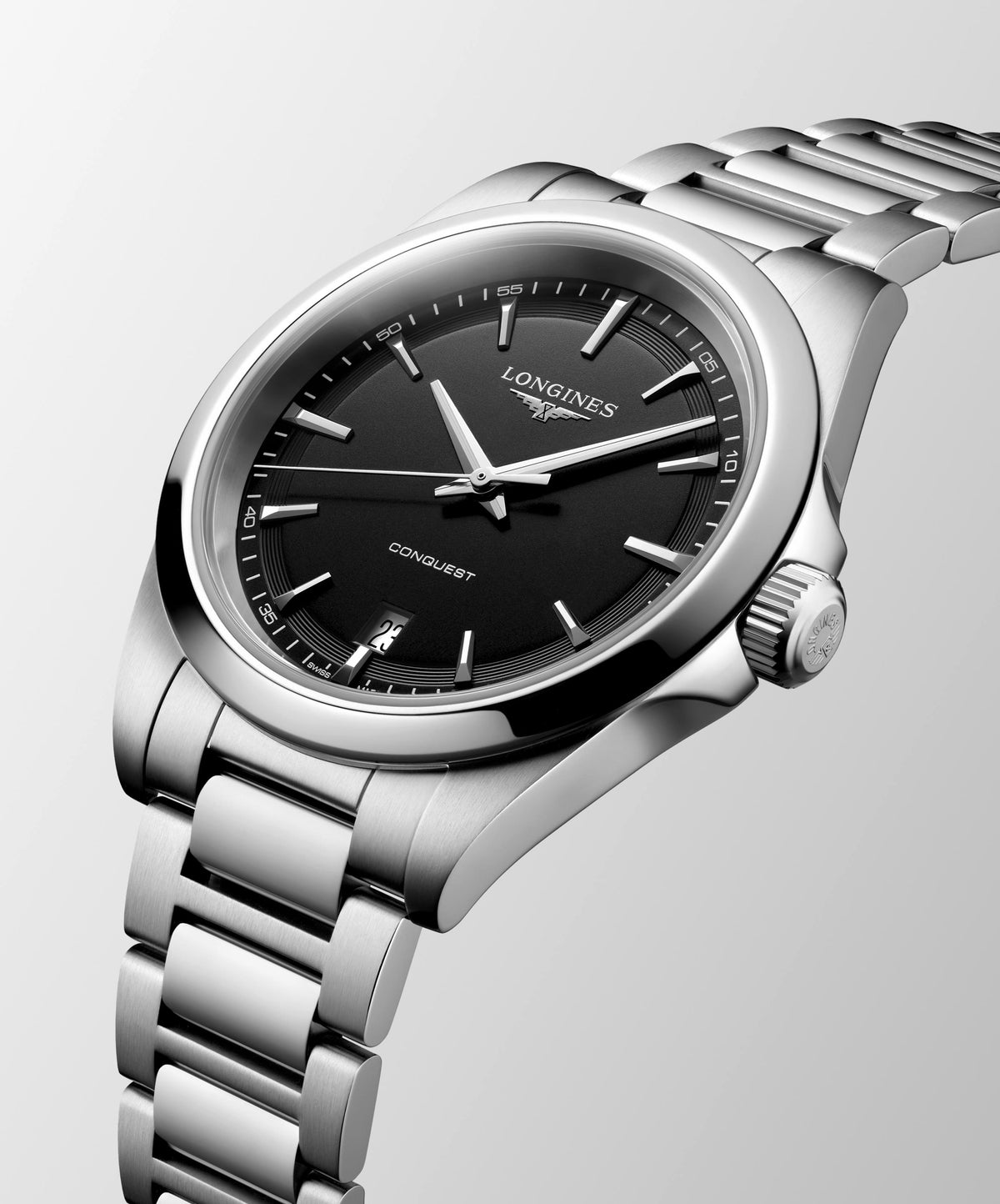 Gents Longines 38mm Conquest Quartz Steel Bracelet Black Index Dial with Date L3.750.4.52.6