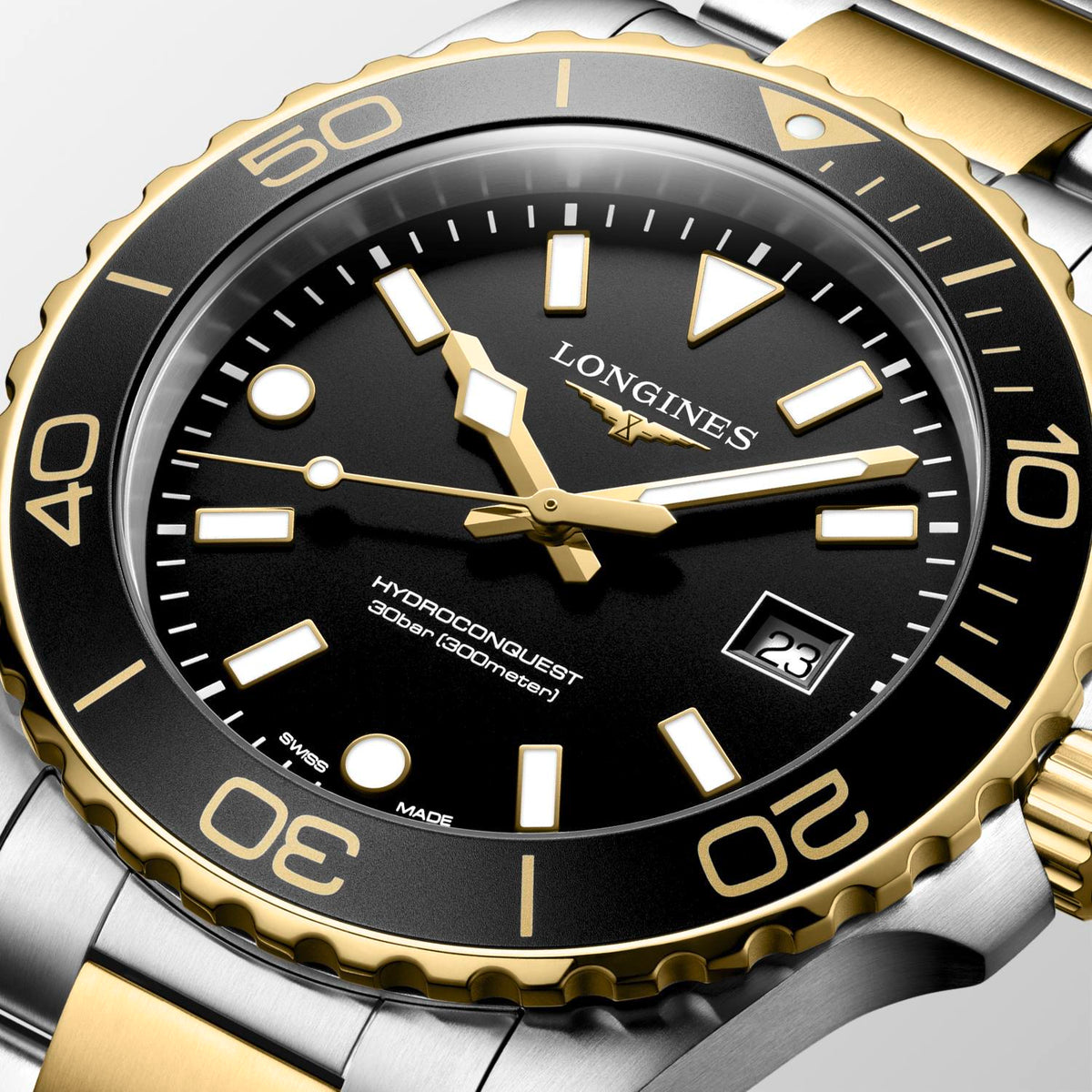 Gents Longines Hydroconquest 300m Quartz 42mm Steel and Yellow Gold PVD Bracelet Black Dial L3.769.3.56.7